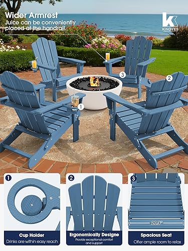 Miniatura 9 de KINGYES Silla Adirondack Plegable, Sillas de Patio HDPE para Todo Clima con Portavasos, Sillas con Textura de Madera para Fogata para Piscina, Patio