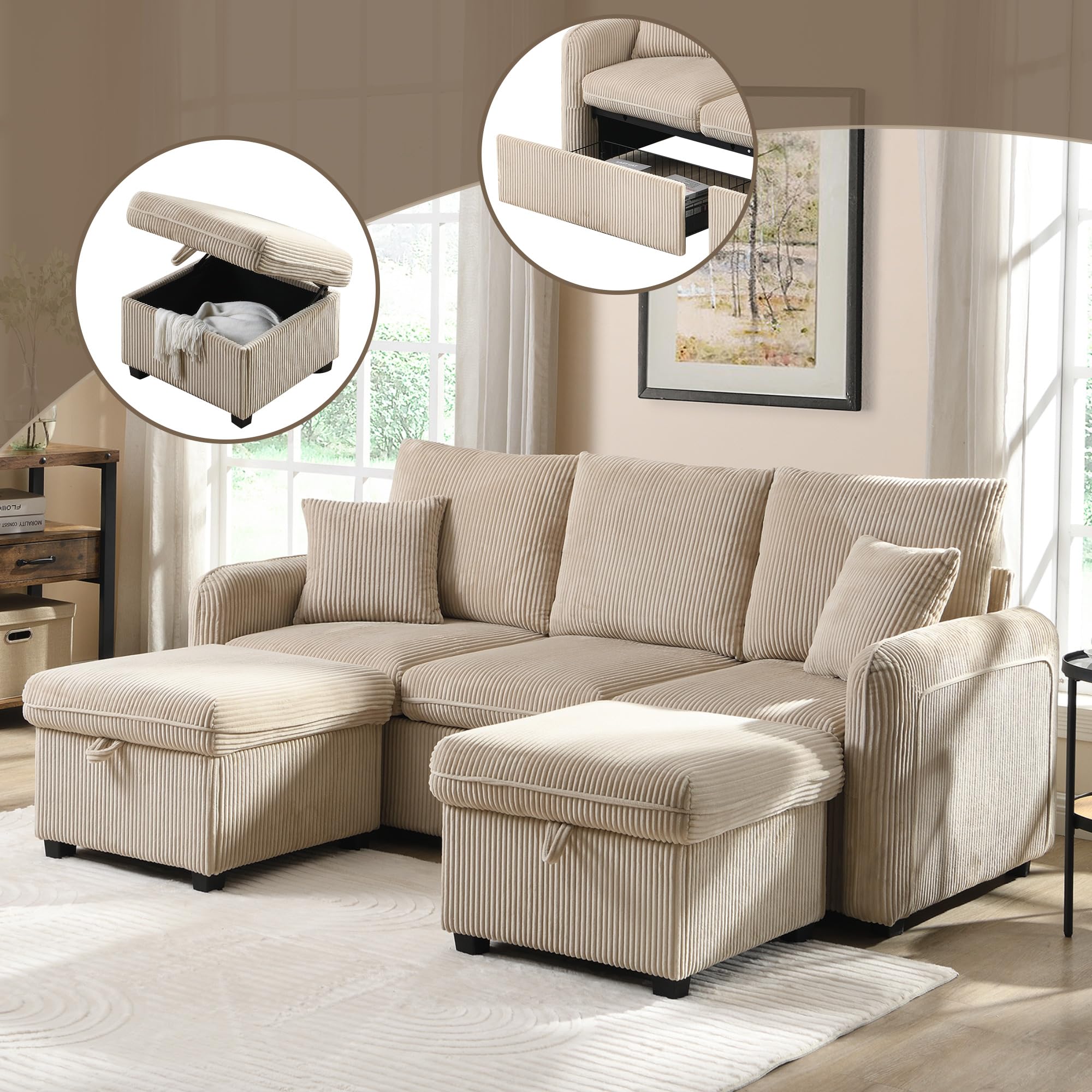 188x186x86 cm Canapé d’Angle Modulable en U, Canapé Convertible 3 Places, avec 2 Repose-Pieds, Rangement Intégré, Chenille, pour Salon, Bureau (Beige)