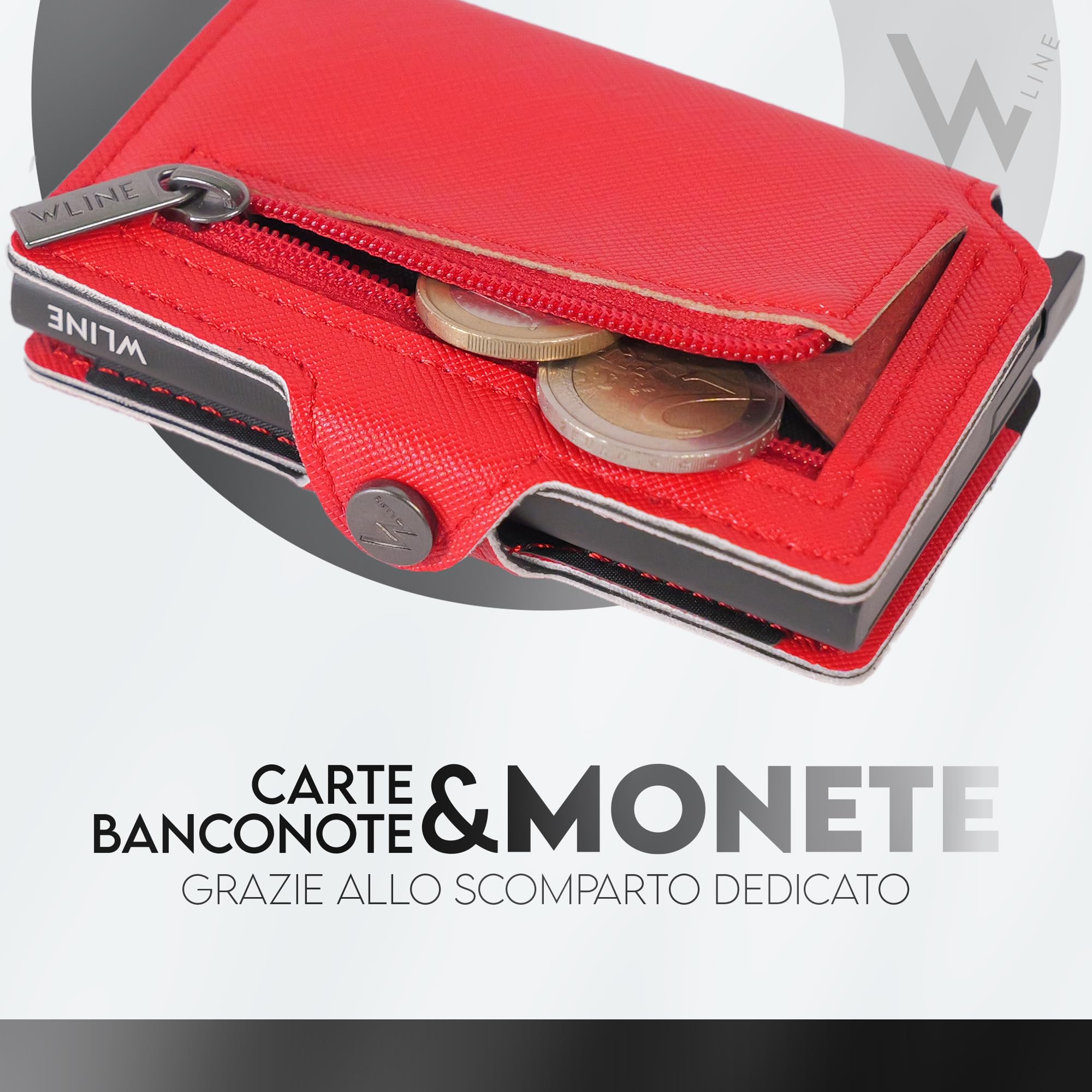 WLine Portafoglio Donna Piccolo con Portamonete Rfid Compatto ed Elegante - Porta Carte di Credito Donna e Uomo Schermato in Pelle PU - Portatessere Tascabile (Rosso e Nero Saffiano, Con Zip)