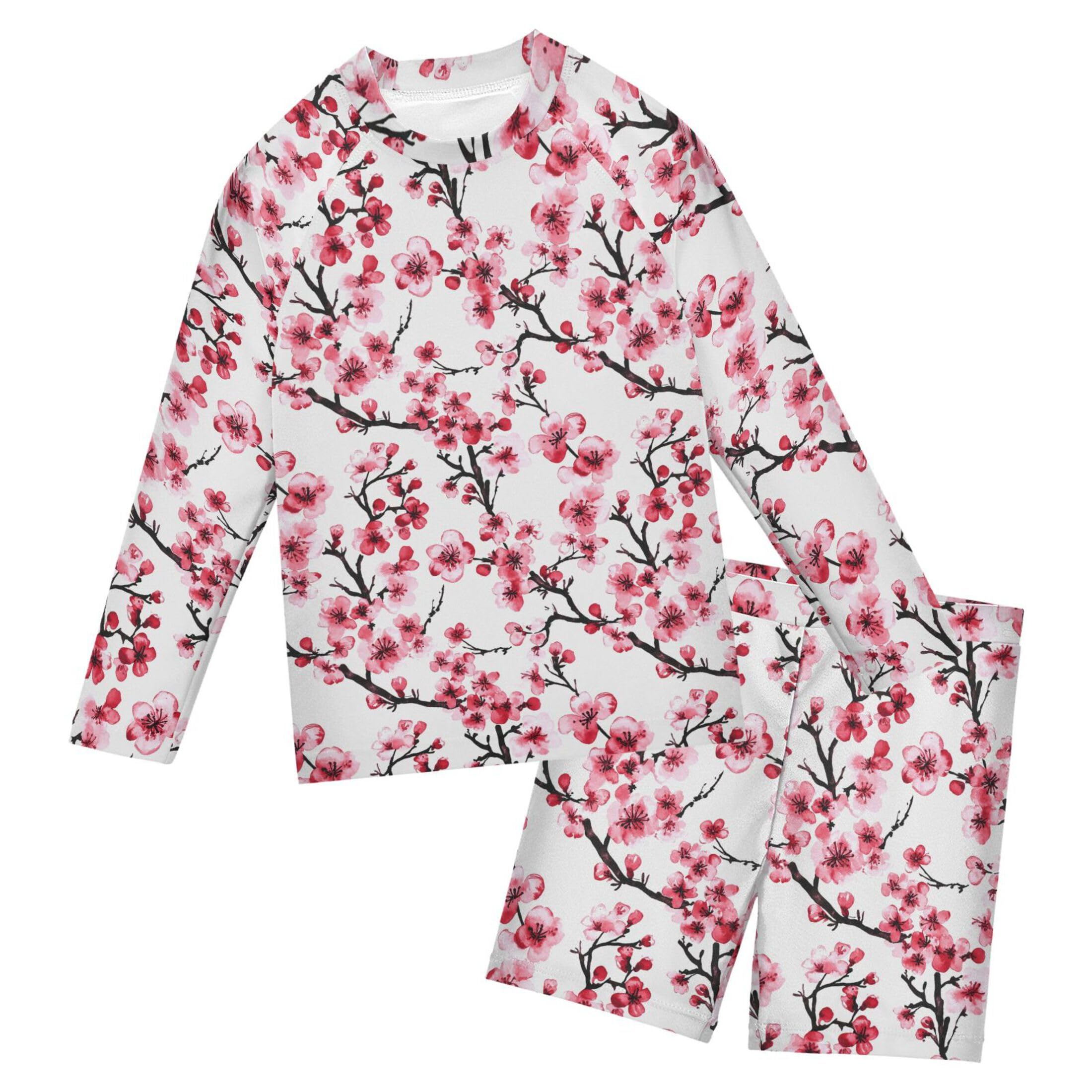 Pink Cherry Blossoms Toddler and Baby Boys' 2-Piece Swimsuit Trunk, Long Sleeve Rashguard Bathing Suit B0404318