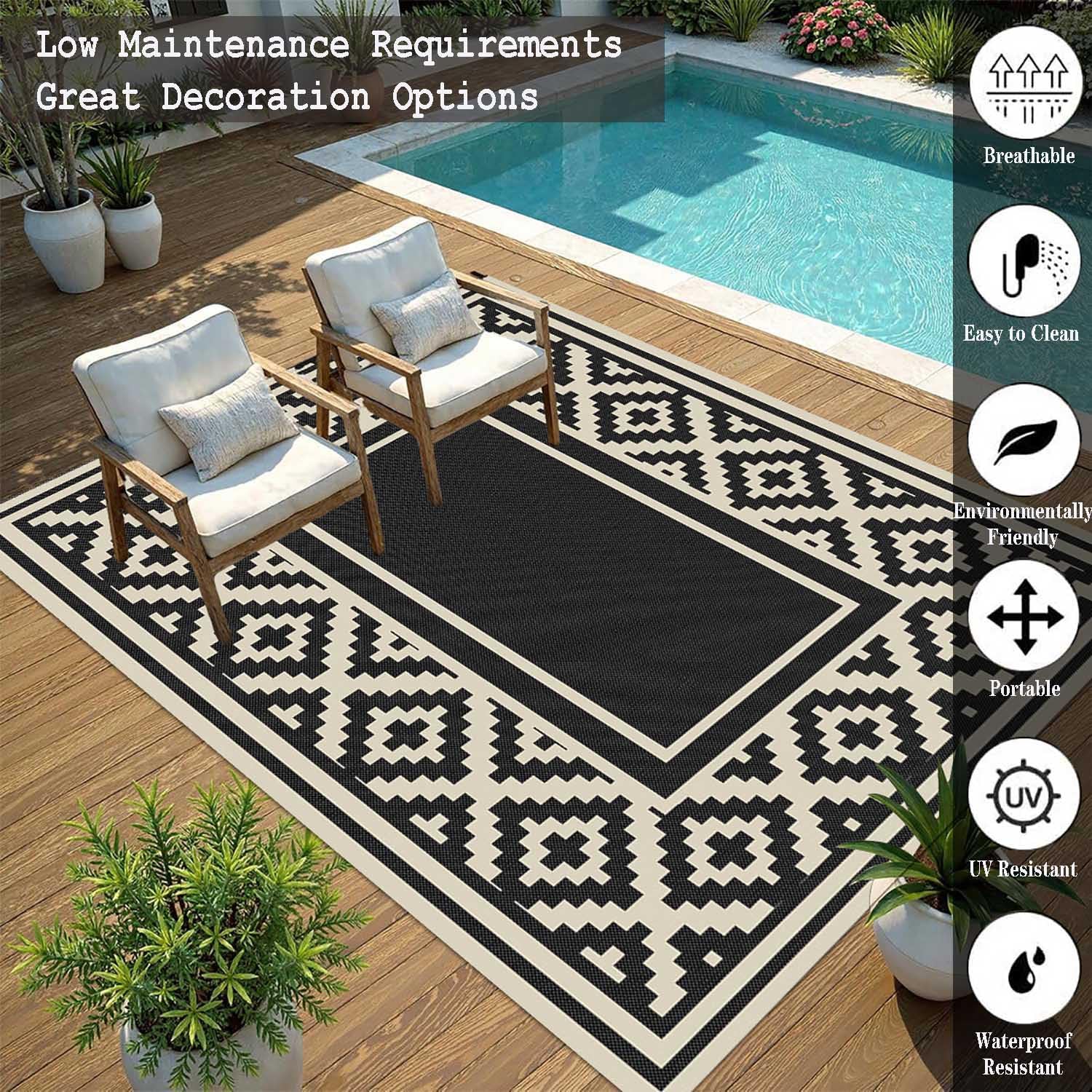 Tapis Exterieur en Plastique 120x180,Tapis de Sol Camping Car Exterieur Pliable,Imperméable,Résistant Aux UV,Réversible,Tapis Beige et Noir pour Terrasse Balcon Piscine Plage Pique-Nique Jardin