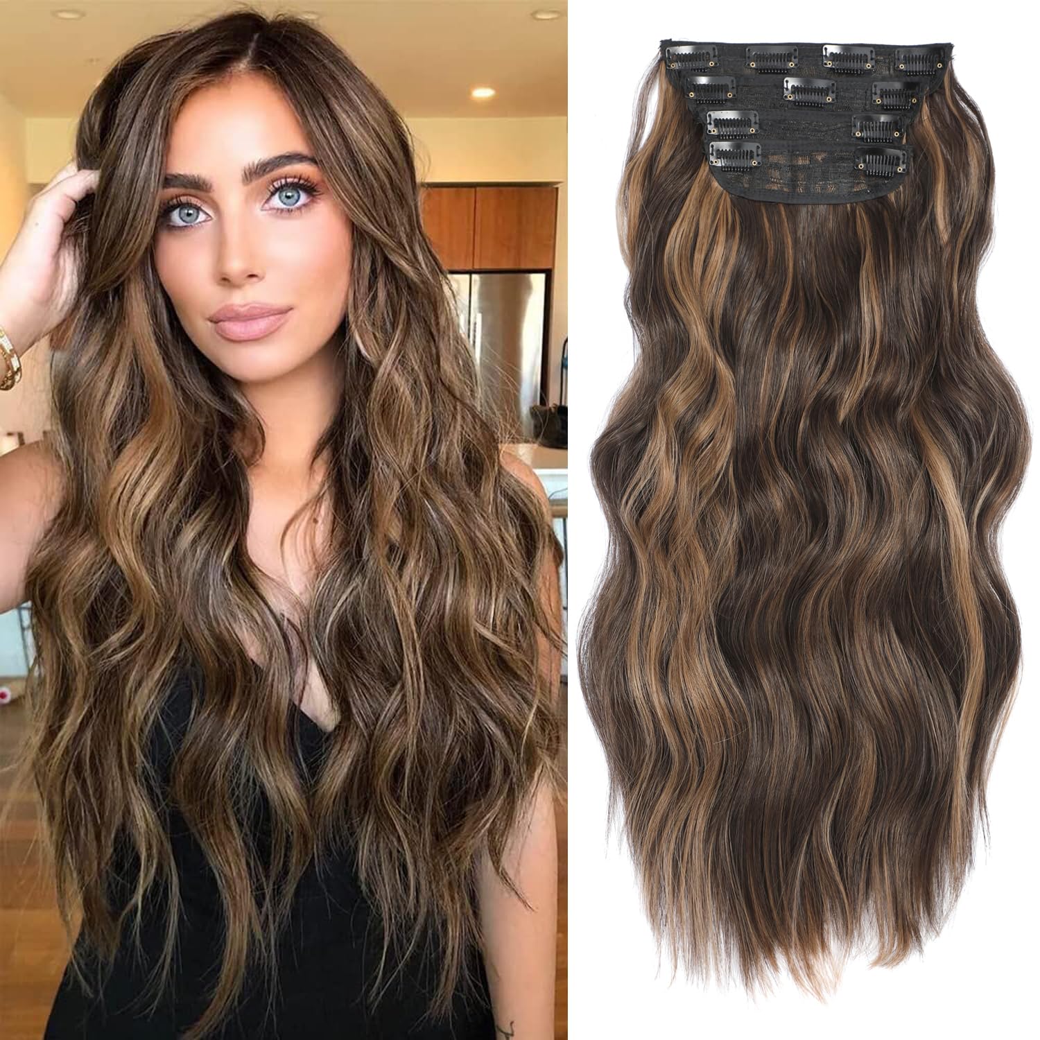 20inch Hair Extensions Clip in 4Pcs Curly Full Head Synthetic Hair Extension Wavy hair Pieces for Women (20Inch, Honey Brown Balayge)