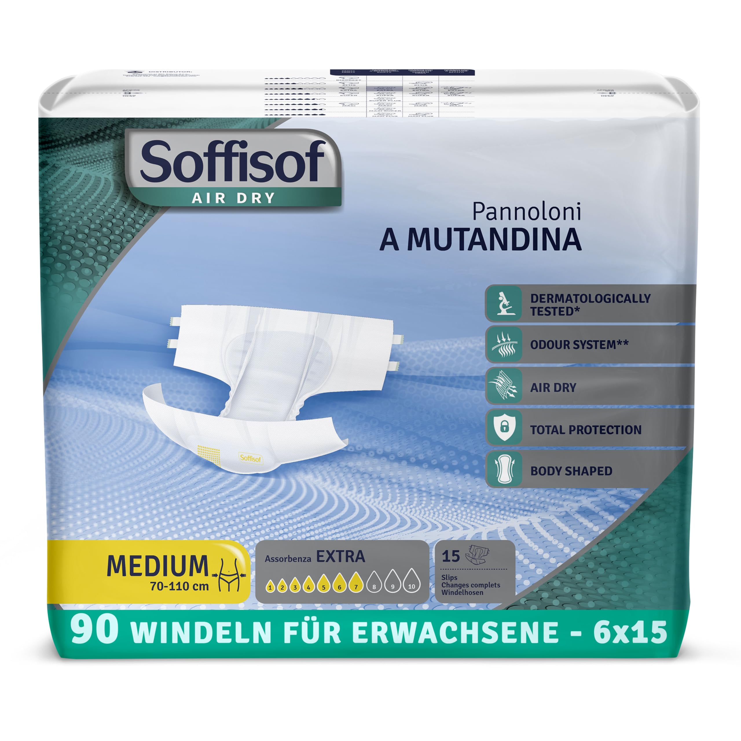 Soffisof Air Dry Windeln für Erwachsene Extra M - 90x Inkontinenz Slip - 6 Packungen mit 15 Windelhosen, 7 Tropfen - Erwachsenen Windel
