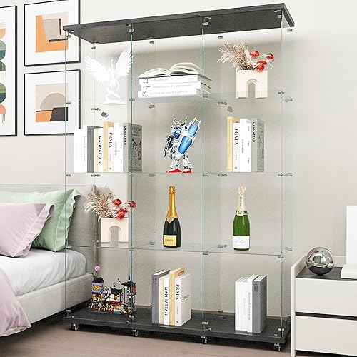Miniatura 16 de FANYUSHOW Vitrina de cristal templado con 4 estantes con cerradura de seguridad, estante de exhibición de 0.197 in para sala de Blanco,Negro