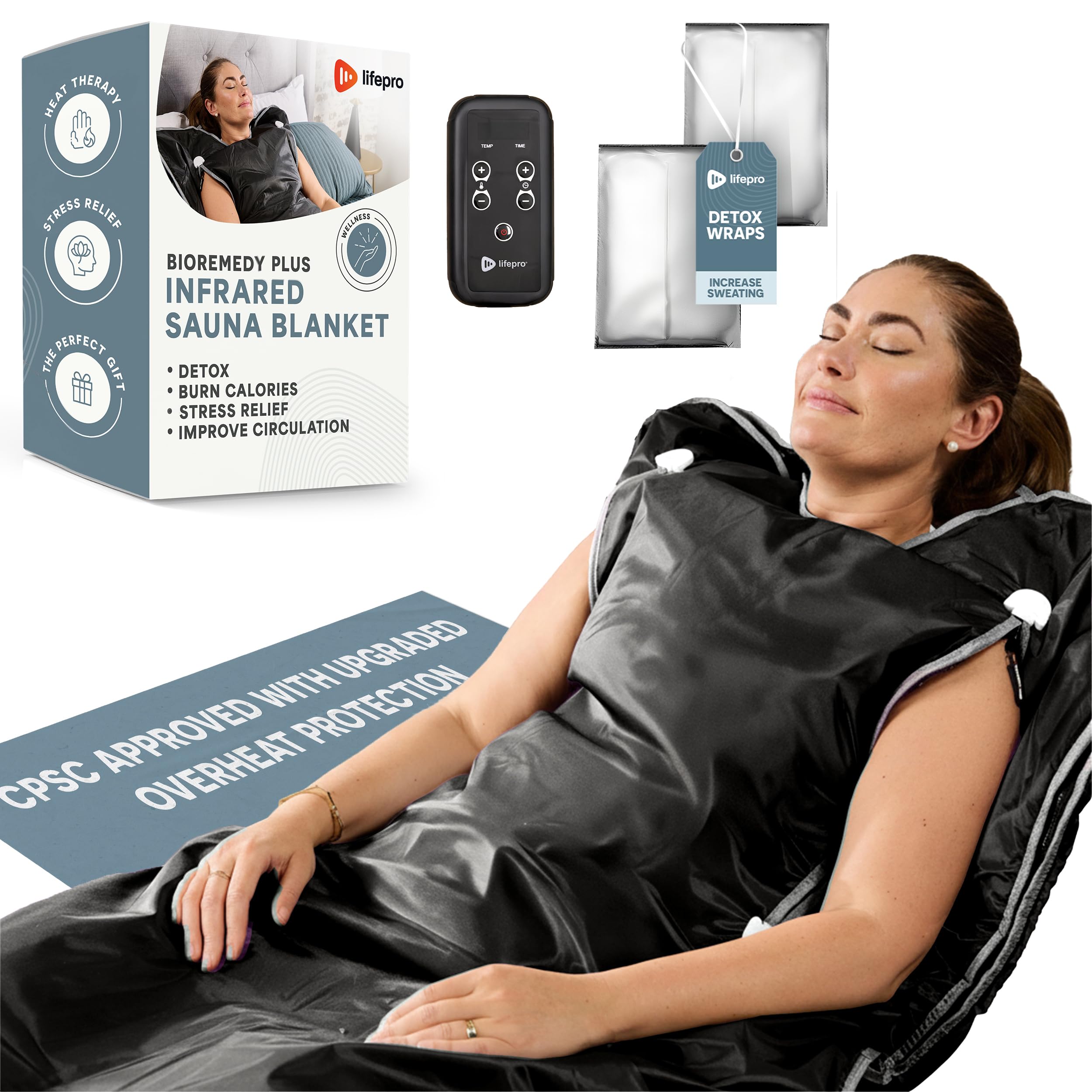 Lifepro BioRemedy Plus Infrared Sauna Blanket – Available in 5 Colors – Portable Far Infrared Home Sauna Bag for Detox, and Relaxation – Adjustable Temp (86–158°F) & Timer – Includes Detox Wraps