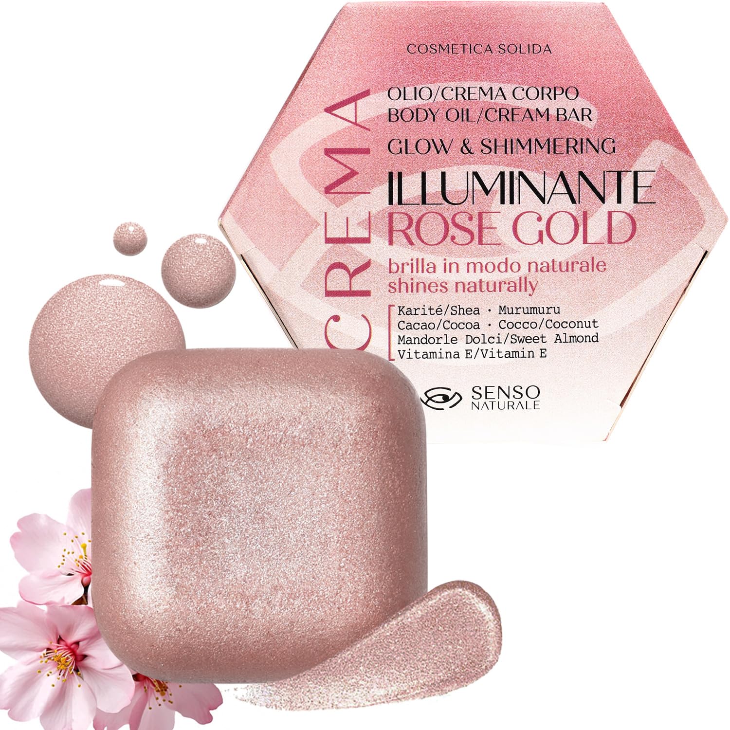 Aceite Corporal Iluminador Rose Gold Crema Hidratante Corporal con Brillo Shimmer Bronceadora, Hidratante y Flor de Cerezo Perfumada, Vitamina E y Manteca de Karité, 100% Natural y Vegano