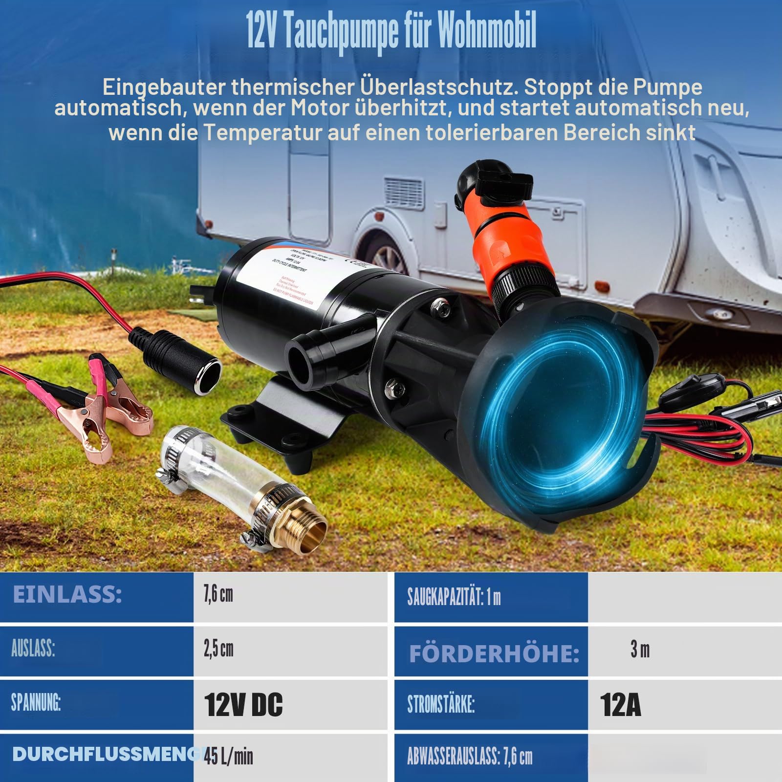 Fäkalienpumpe 12V,Selbstansaugend Zerhackerpumpe,15 Psi 114W 45L/min Gartenpumpe Selbstansaugend F71102045A,Überlastungsschutz Geräuscharm Druckpumpe für Wohnwagen, Boot
