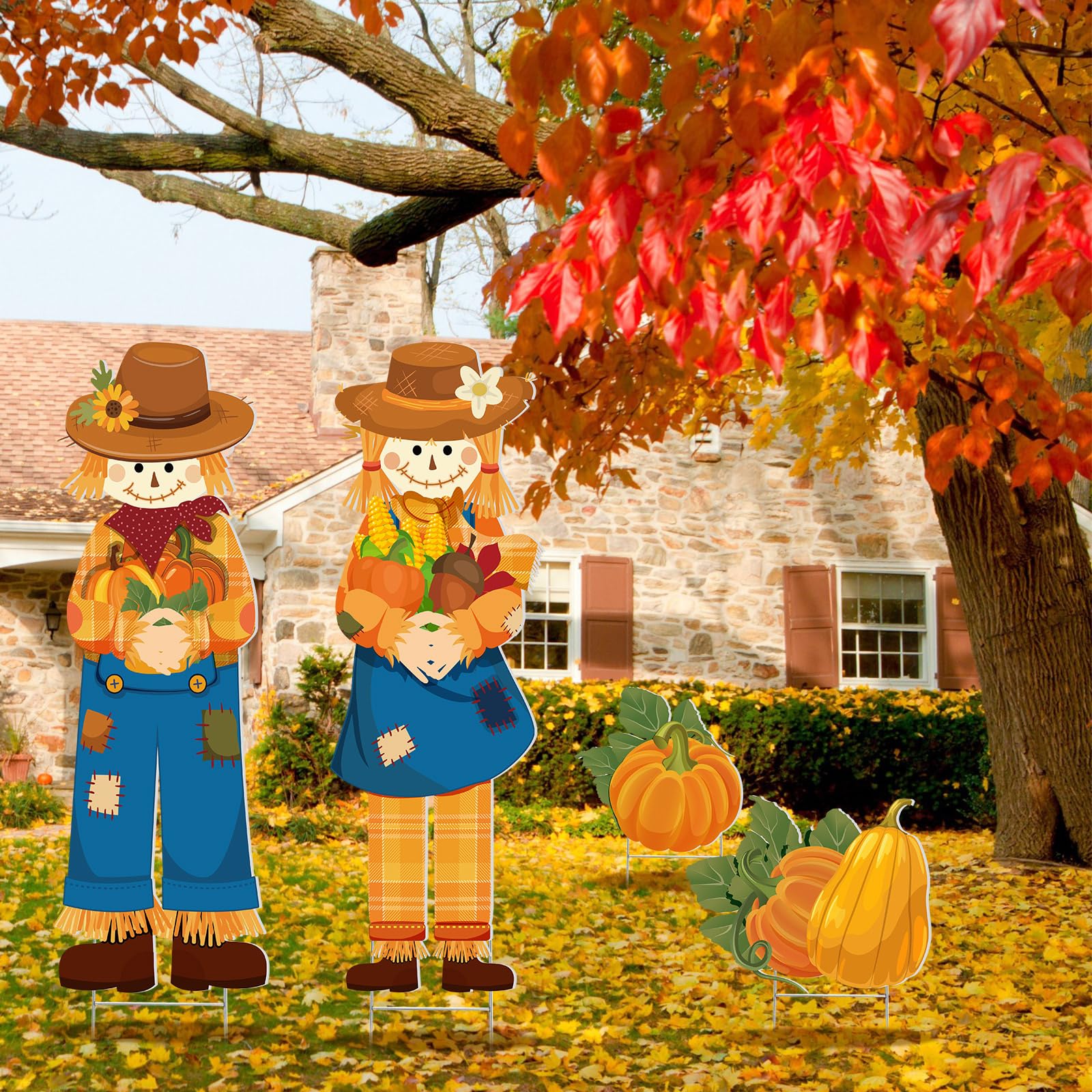 Geetery 4 Pieces Fall Scarecrow Yard Stake Scarecrow Porch Sign with Stakes Rustic Turkey Thanksgiving Pilgrim Yard Decorations Pumpkin Harvest Scarecrow for Autumn Outdoor Lawn Supplies (Scarecrow)