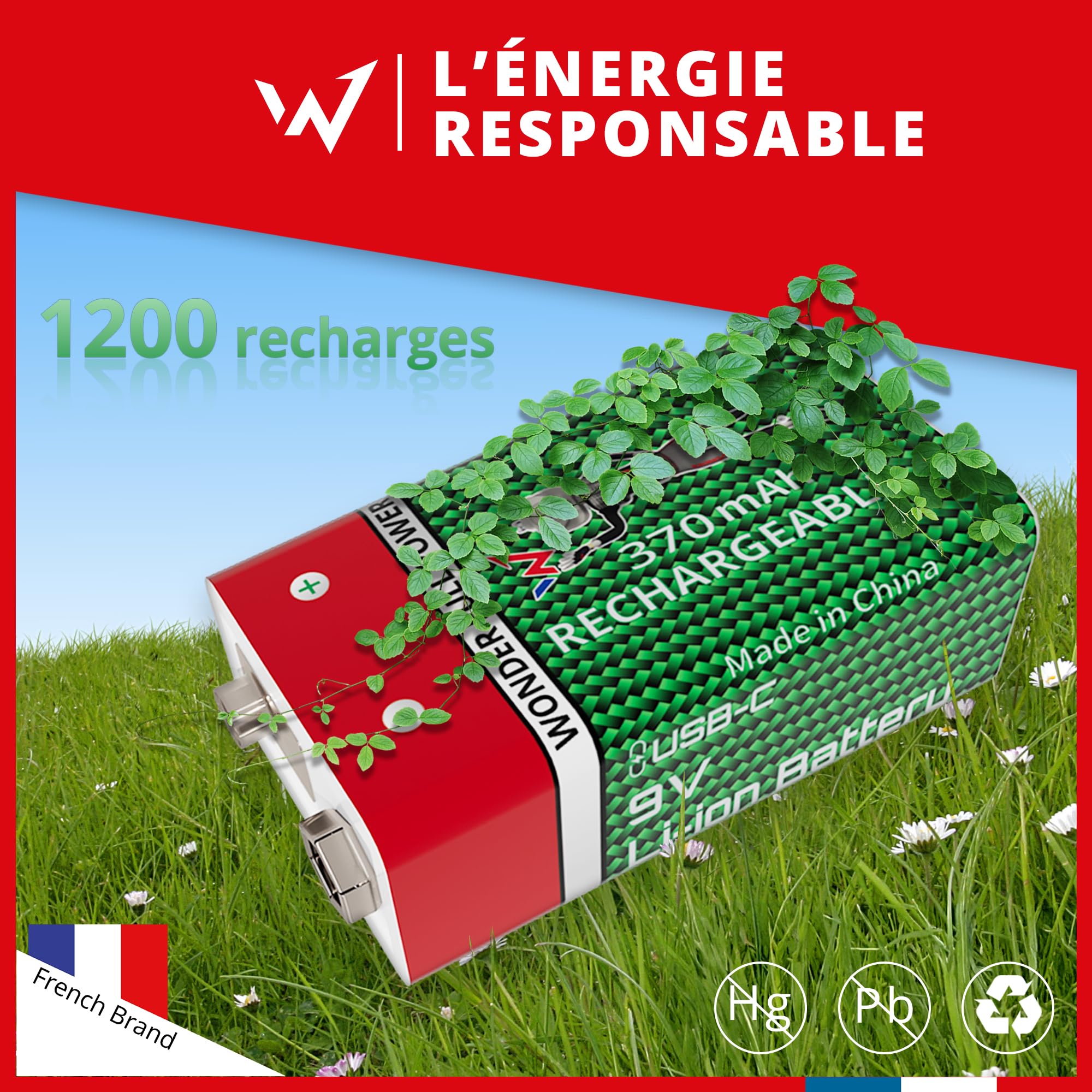 Wonder Full Energy – Piles Rechargeables 9V / 6LR61 – Pack de 2 – 370mAh, 3600mWh – Câble USB-C Inclus – Lithium-ION – Jusqu’à 1000 Cycles – Idéales pour Détecteurs de Fumée, Multimètres, Jouets