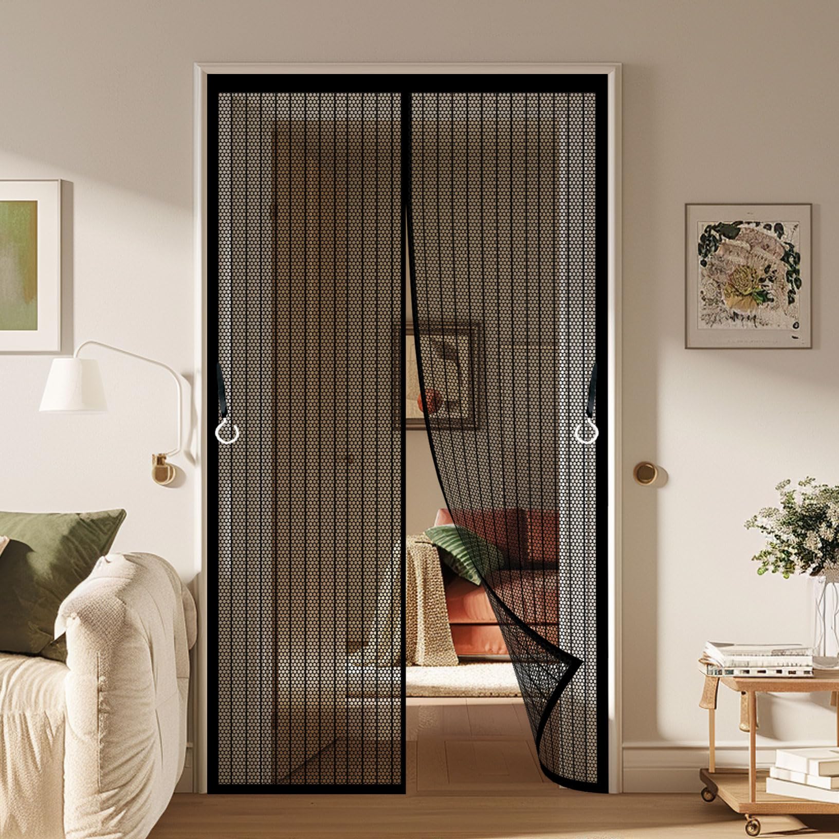 Magnetic Screen Door 161 x 164 cm Heavy Duty Mesh, Magnetic Self-Sealing Pet Screen Door Easy to Install Without Drilling for Living Room, Kitchen, Bedroom, Black
