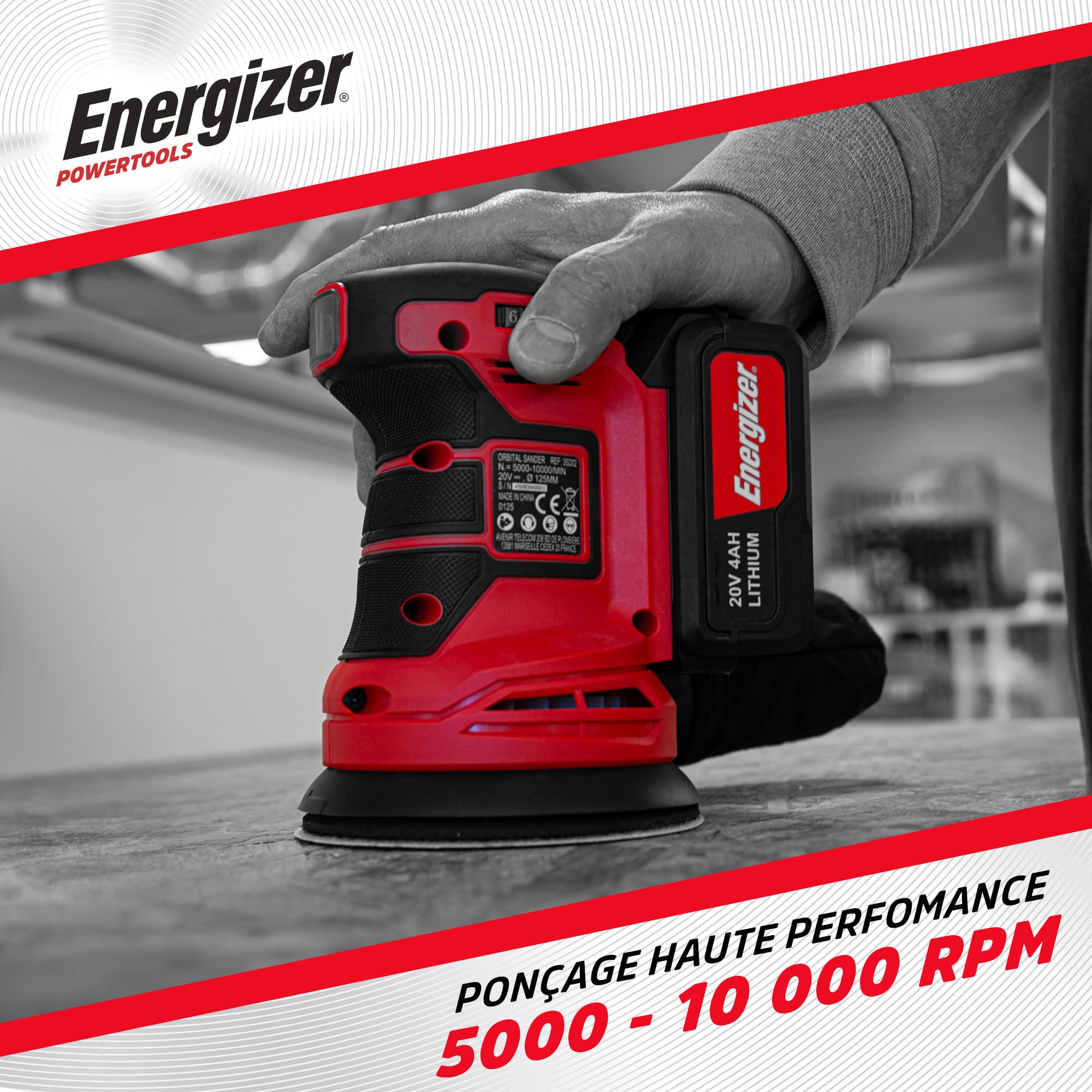 Energizer – Ponceuse Circulaire Sans Fil 20V, 10 000 tr/min, 6 Vitesses Réglables – Plateau 125 mm Auto-Agrippant, Sac Collecteur, 10 Disques Inclus – Inclus 2 Batteries 20V 2AH + Chargeur Rapide