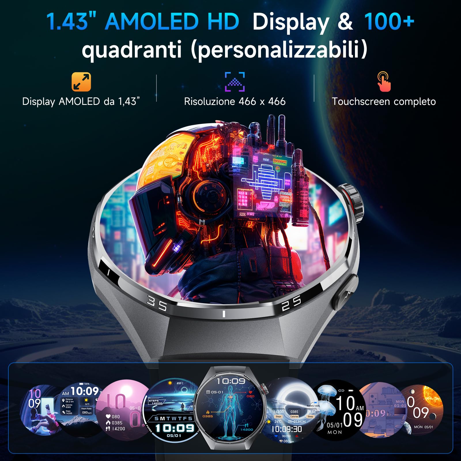 Smartwatch Uomo Con ECG/Pressione Sanguigna/AI Salute/Micro-Check-Up,Nero