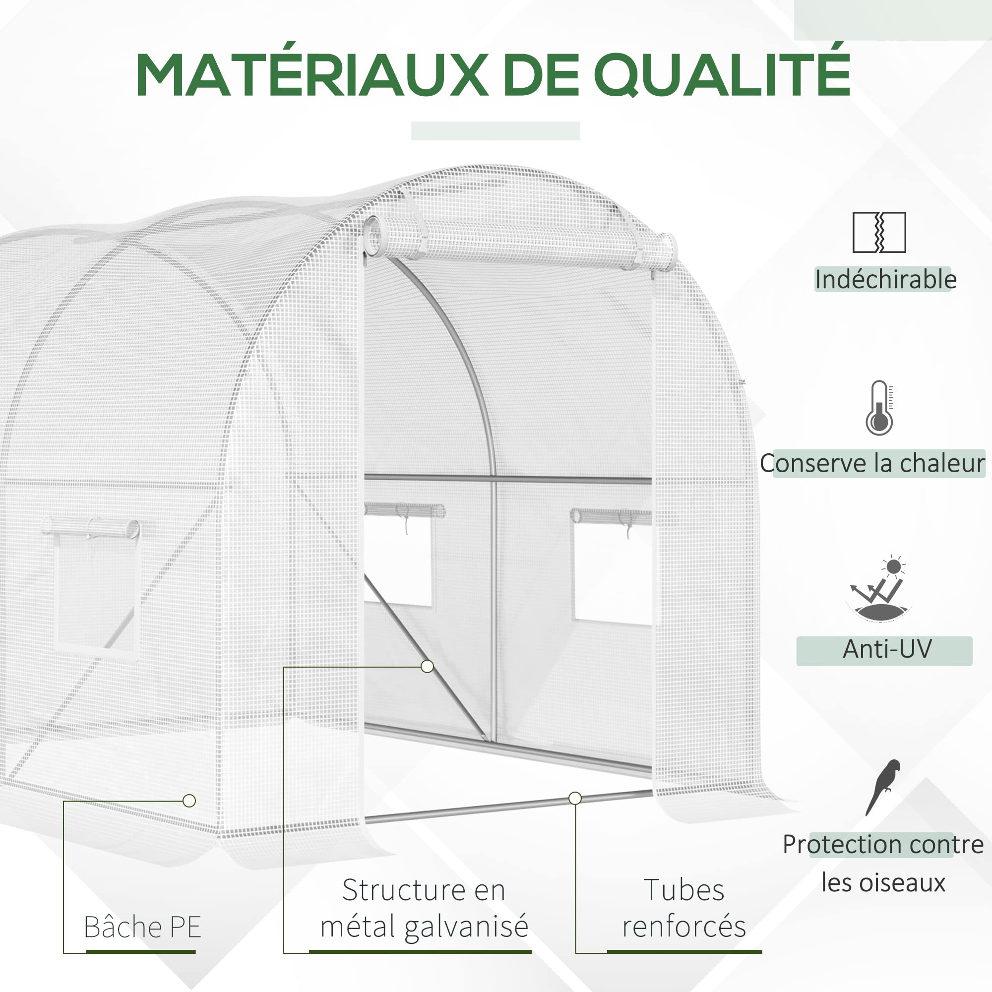 Outsunny Serre de Jardin Tunnel 6 m² 3L x 2l x 1,9H m Porte Blanc | Acier Galvanisé Renforcé Ø 2,4 cm， Fenêtres, PE Haute Densité
