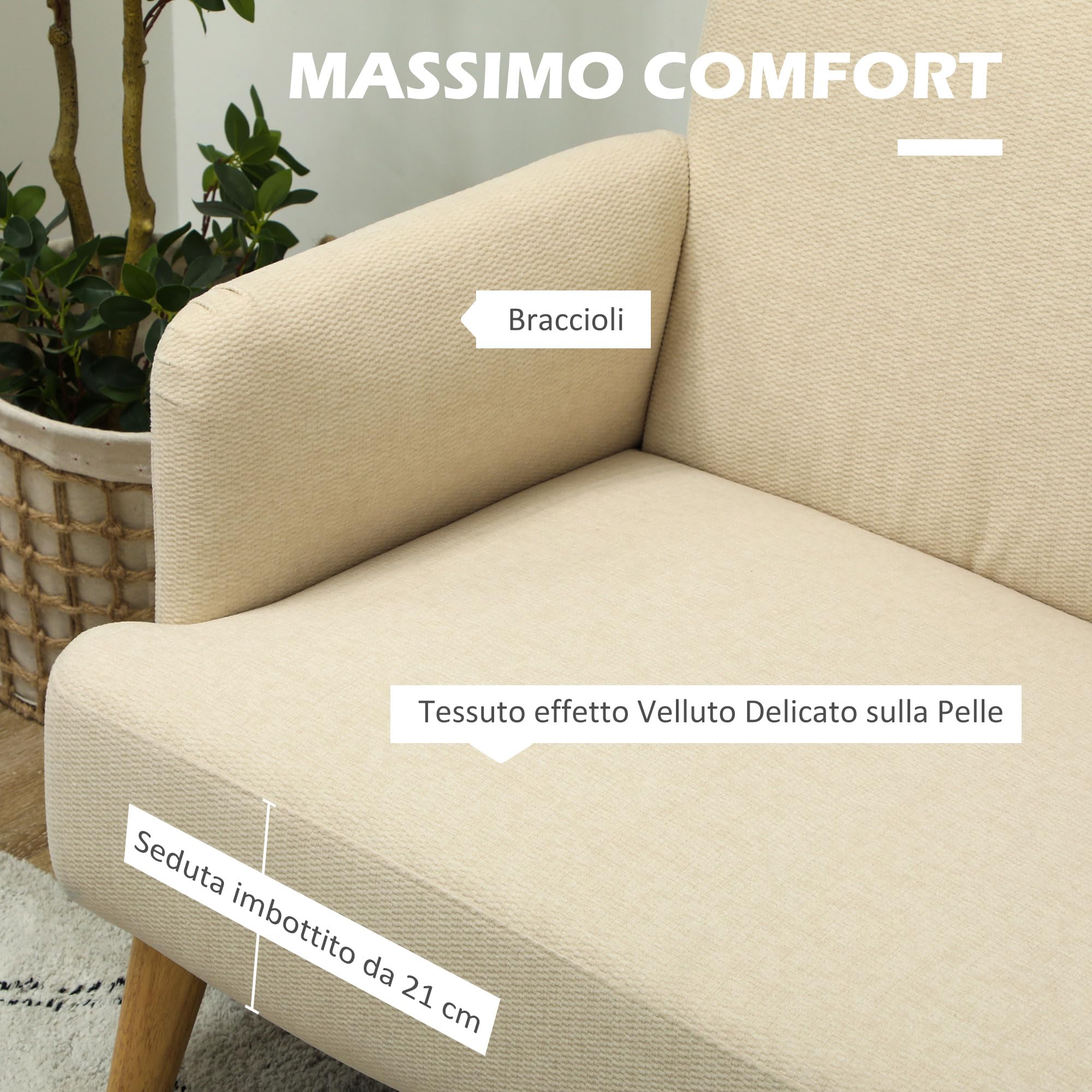 HOMCOM Divano 2 Posti Moderno Scandinavo in Tessuto con Braccioli, Divanetto 2 Posti con Imbottitura di 21 cm Gambe in Legno per Soggiorno, Salotto, Casa e Ufficio, 140x74x79 cm, Bianco Crema