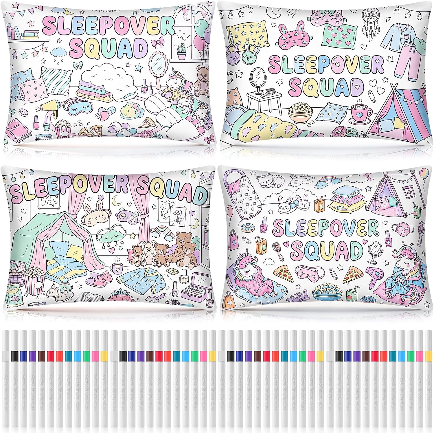 4 Set Coloring Pillowcase with Marker Craft Kit,Pajama Party | Color Your Own Pillowcase, DIY Pillowcase, 28.7 x 19.7 Inches