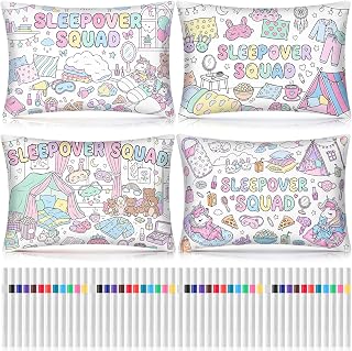Mindsoft 4 Set Coloring Pillowcase with Marker Craft Kit,Pajama Party