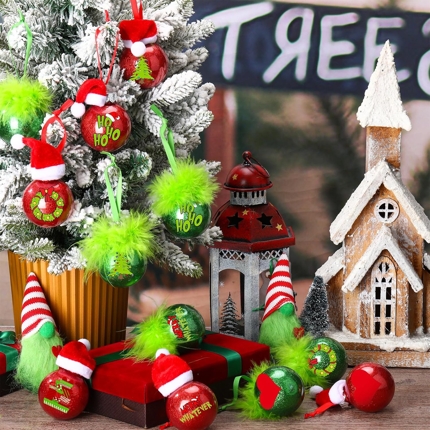 12 Set Lime Green Furry Christmas Ball Ornaments 2.4" Green Monster Hanging Ornaments with Fuzzy Hair Red Santa Hats Glitter Elf Xmas Balls with Stickers for Christmas Party Gifts Supplies - Image 7