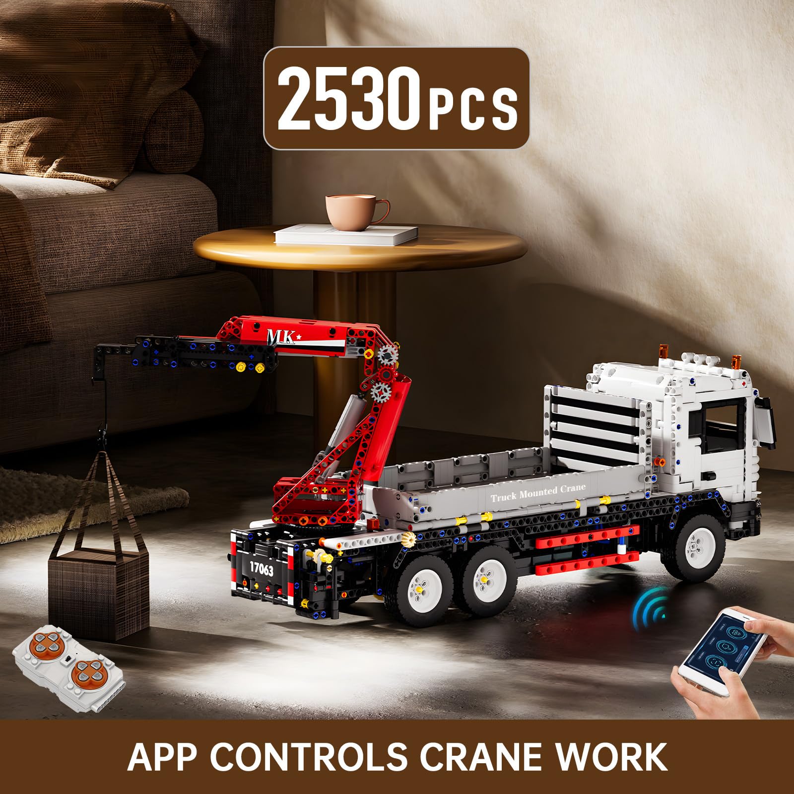 Mould King Kit de bloques de construcción de camión con tecnología 17063, camión de control remoto con bloque de construcción de grúa de construcción (2530 unidades), bloque de abrazadera de grúa