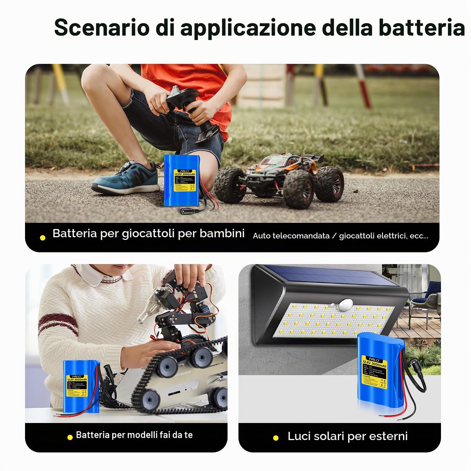Batteria agli ioni di litio 12,6V 3000 mAh con caricabatterie e 2 linee di collegamento per pannello solare, radio, fotocamere, videocamere, lampada da lettura fai da te, telescopi, sonar