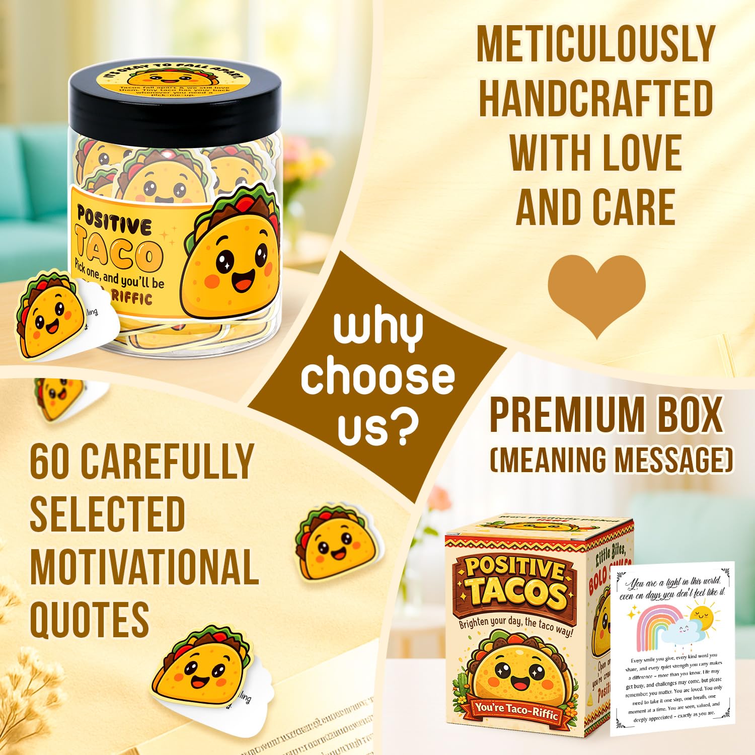 Positive Taco Cards Jar, Affirmation Cards For Women, Tacos Lovers - Welcome Back To School Gifts - 60 Emotional Support Taco Tuesday - Encouragement Gift for Womens, Coworker - Unique Birthday Gift