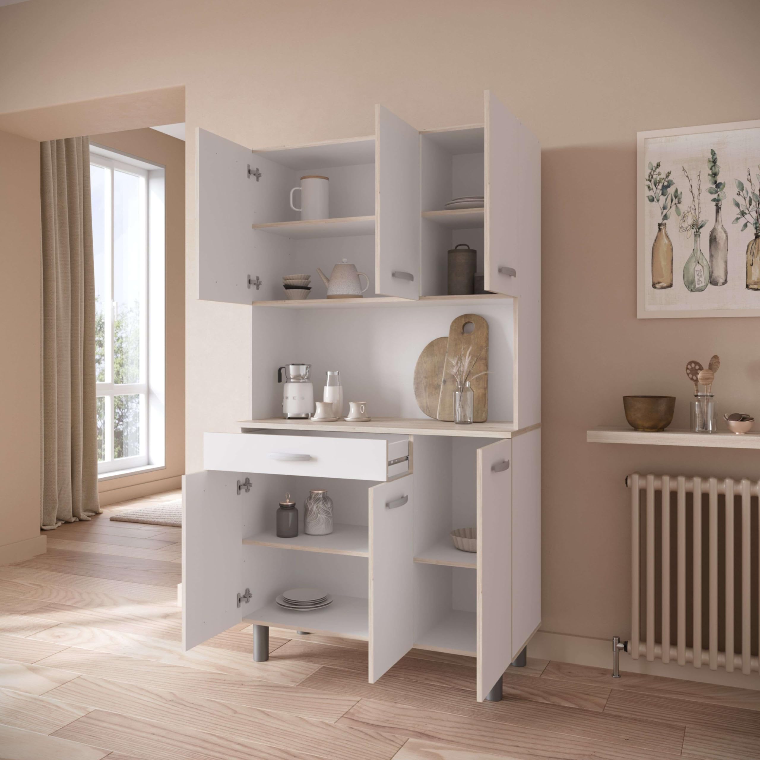 Mueble Auxiliar Cocina, Armario Cocina, Alacena Cocina Buffet 6 Puertas Blanco y Roble Acacia 101x185 cm