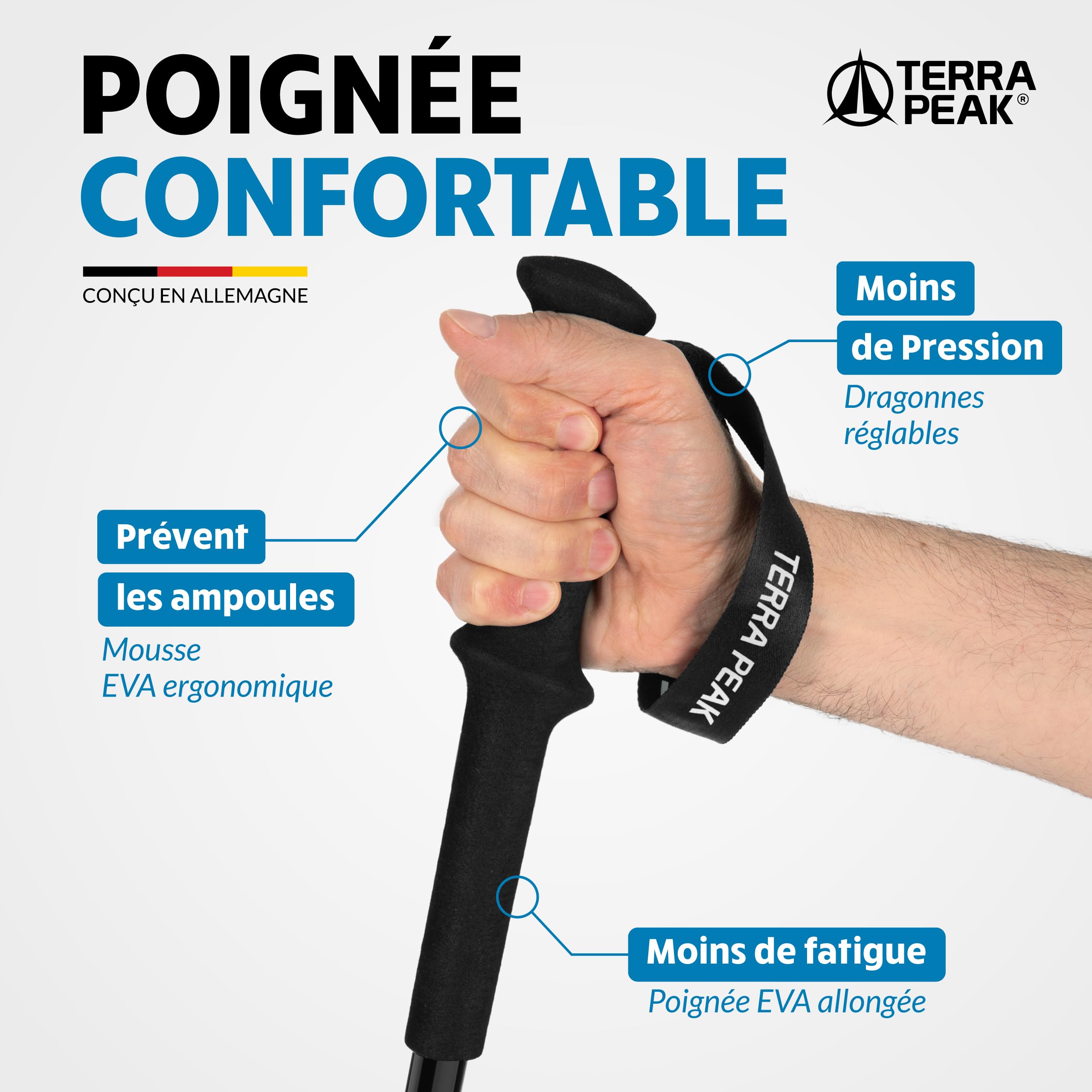 Terra Peak® Bâtons de Marche et Randonnée (Pliables) Aluminium (Extensibles, réglables) - Canne et Randonnee télescopiques pour Trekking, Nordique Walking, Trail Running, Montagne Femme et Homme