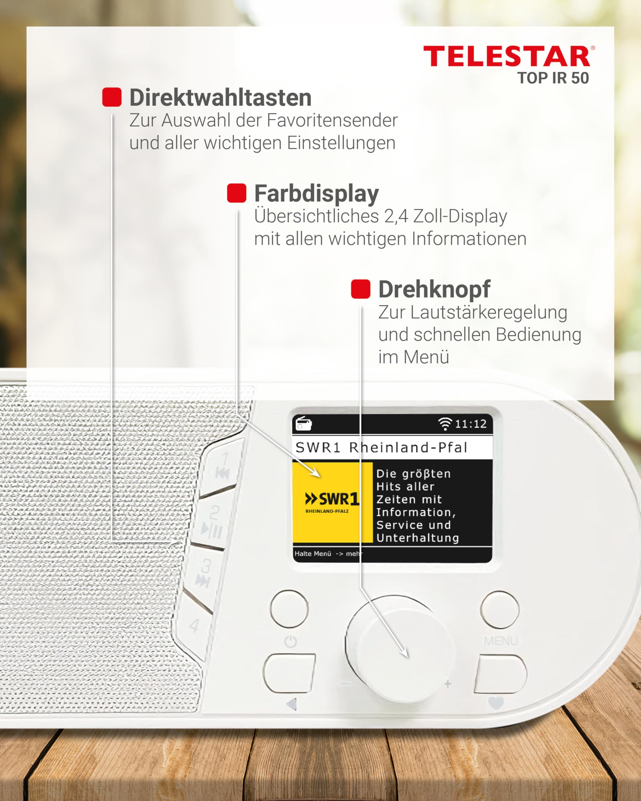 TELESTAR TOP IR 50 – Internetradio, Bluetooth Audio-Streaming – Weiß | 7 W, USB-Aufnahmefunktion, Stationstasten am Gerät, Dimmfunktion, Nachtmodus, Hotelmodus, Fernbedienung
