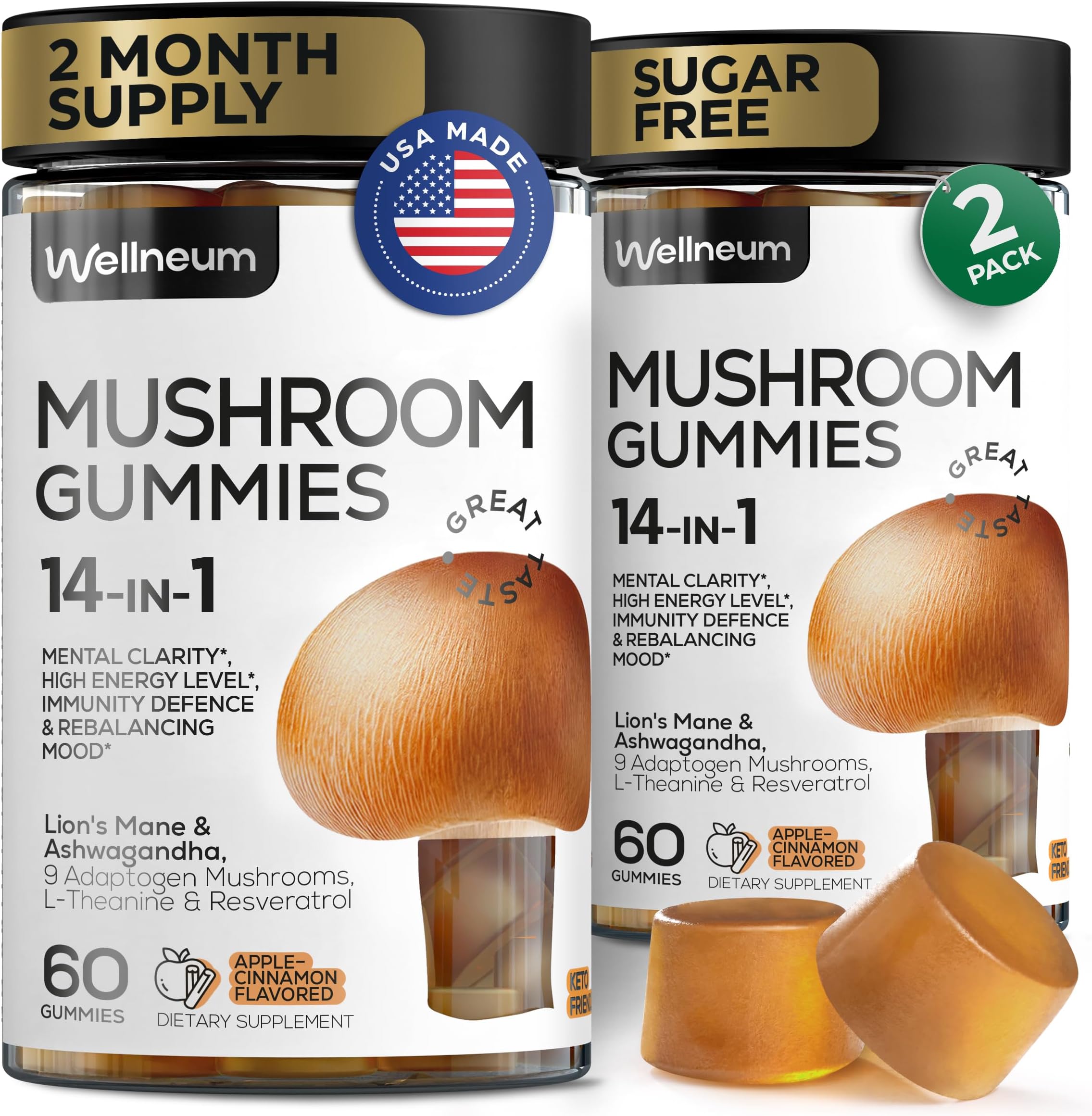 Wellneum Mushroom Gummies120 Pcs (2 Pack) - Lion's Mane and 9 Adaptogenic Mushrooms Blend - Ashwagandha, L-Theanine - Mushroom Gummies for Energy, Immunity, Focus, Brain Boost - No Sugar and GMO