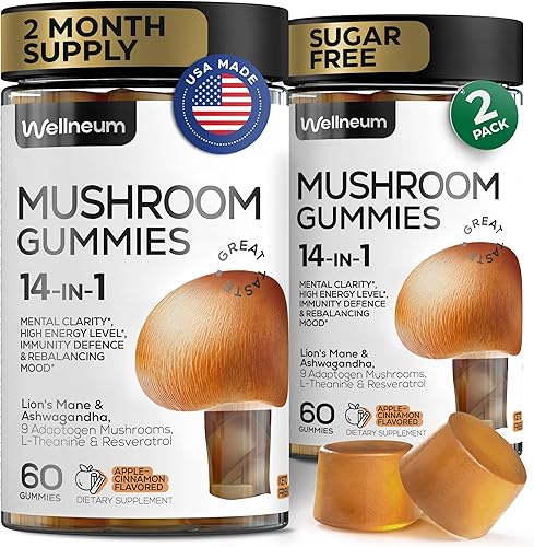 Gomitas de hongos de 5000 mg, 120 unidades (paquete de 2) Mezcla de melena de león y 9 hongos adaptogénicos Ashwagandha, L-teanina Gomitas de