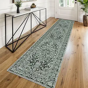 KUTA Vintage Runners for Hallways 2x8 Dark Green, Modern Floral Kitchen Rugs Non-Slip Washable Ultra Soft Printed Retro Distressed Carpet Entryway Runners for Bedroom Living Room Decor