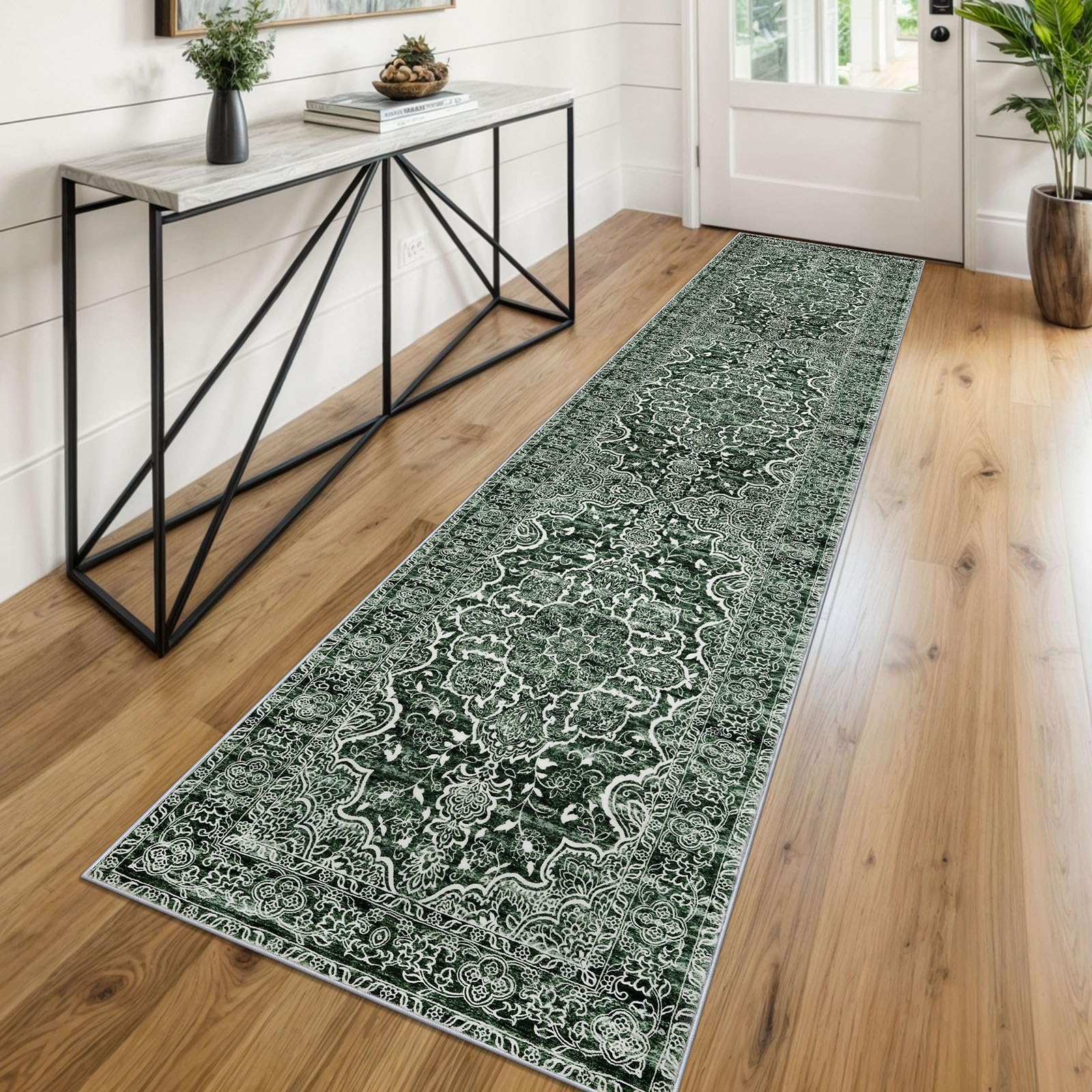 KUTA Vintage Runners for Hallways 2x8 Dark Green, Modern Floral Kitchen Rugs Non-Slip Washable Ultra Soft Printed Retro Distressed Carpet Entryway