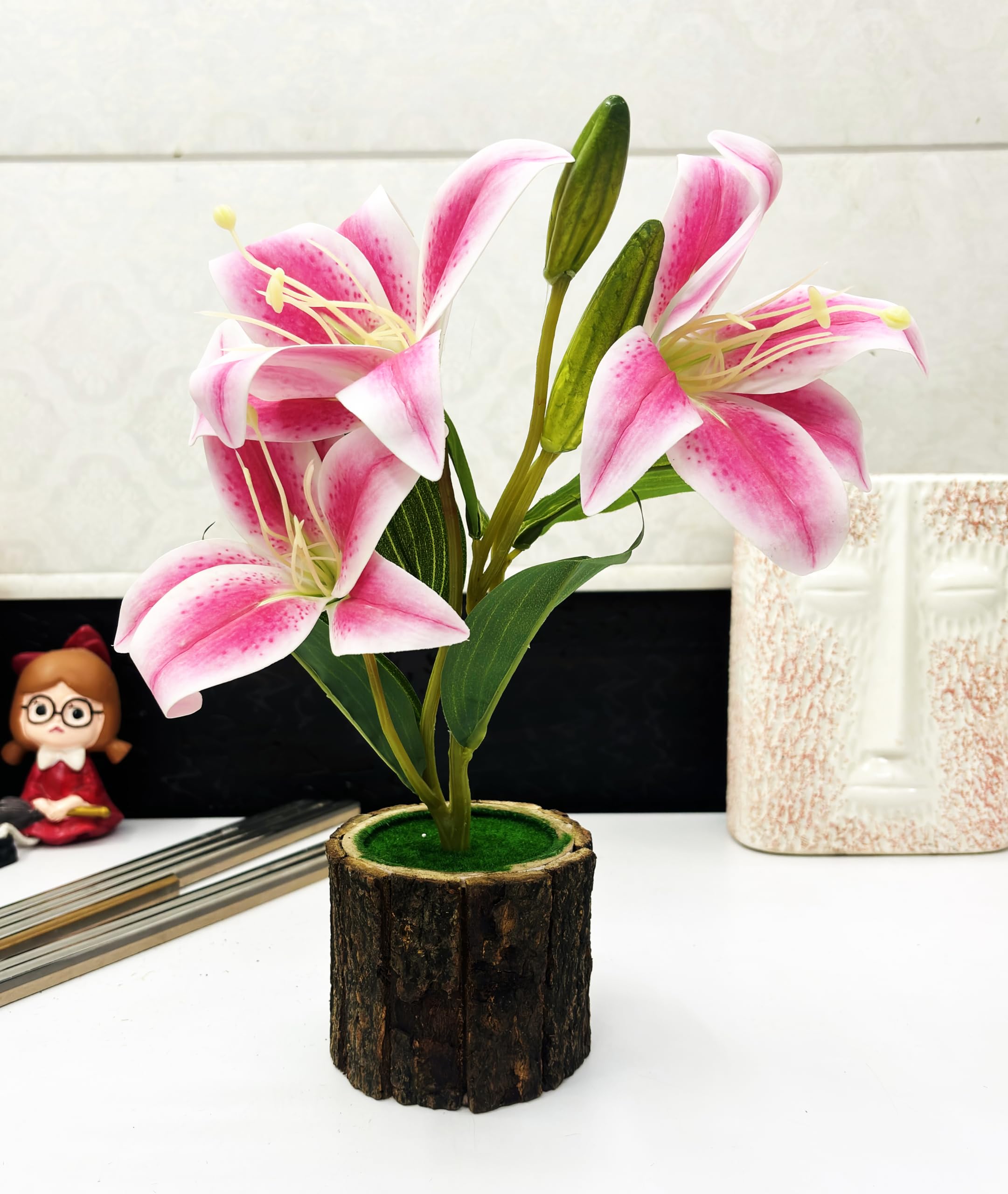 DekorlyArtifical Lily Flowers, Long Stem Artificial Stargazer Lilies with 3 Lily Heads & 2 Lily Buds Faux Tiger Lily Bouquets for Home Hotel Flower Party Decor (Height : 30CM, Pink)