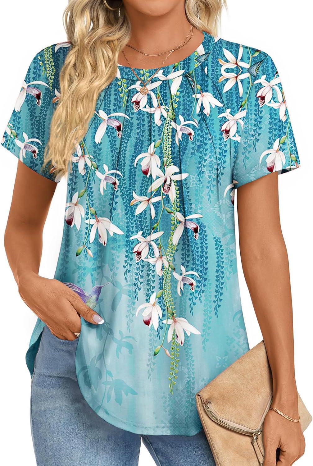 Zeagoo Womens Casual T Shirts for Summer 2025 Short Sleeve Crewneck Tunic Shirts Floral Print Tops Pleated Dressy Blouse - Image 2