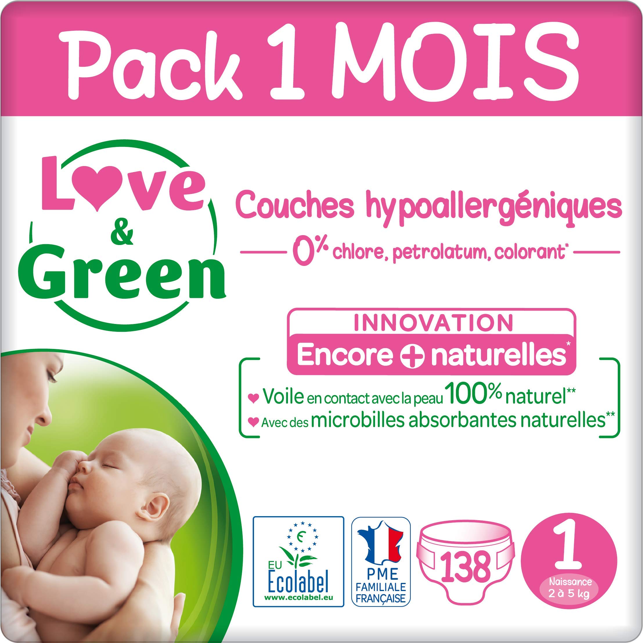 Couches Taille 1 (2-5 kg) - Pack 1 Mois (138 couches)+Bioliniment Bio 500 ml