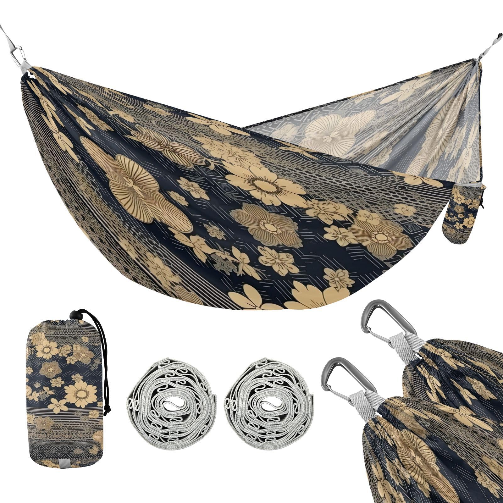 SDMKA Japanese Beige Flowers Camping Hammock, 330 lbs with 2 Tree Straps, Carry Bag, Single Portable Hammock for Outdoor/Indoor, Hiking, Beach, Backpacking, Travel