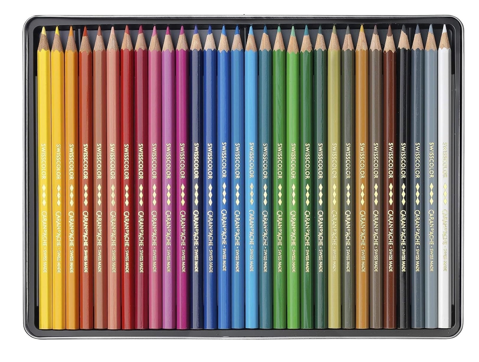Caran D'ache Swisscolor - Matite acquerellabili in scatola di metallo, confezione da 30 pezzi e 2 carte
