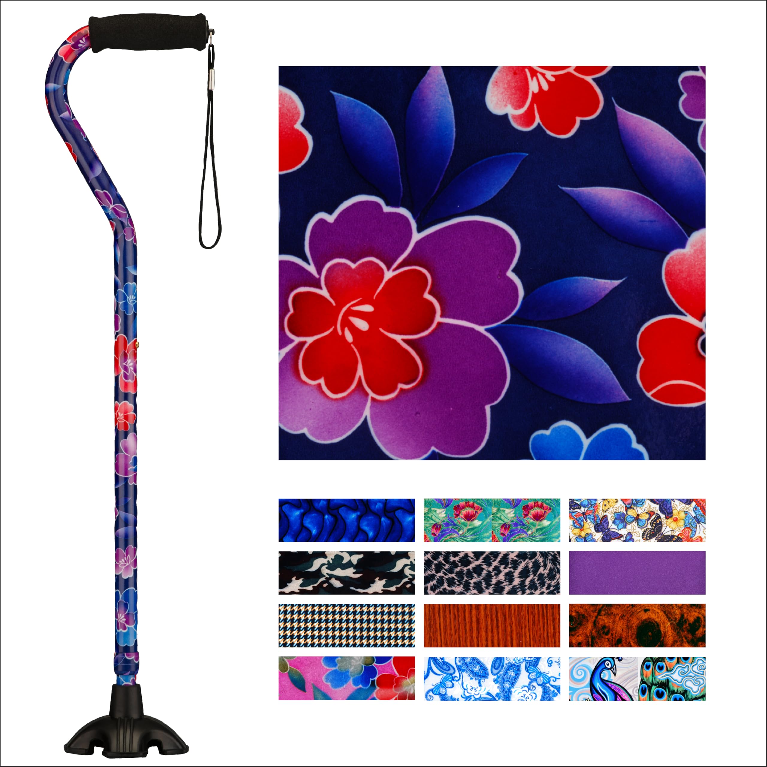 Joy Designer Offset Quad Cane for Seniors - Unisex Adjustable Lightweight Walking Aid with Foam Handle, Wrist Strap and Anti-Rattle Lock - Essential Mobility Support - Maui Flowers