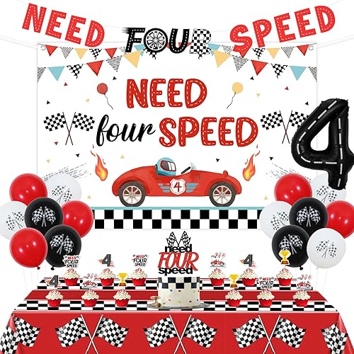 Need Four Speed - Decoraciones de cumpleaños con temática de auto de carreras, pancarta para decoración de pasteles, decoración de cupcakes, mantel