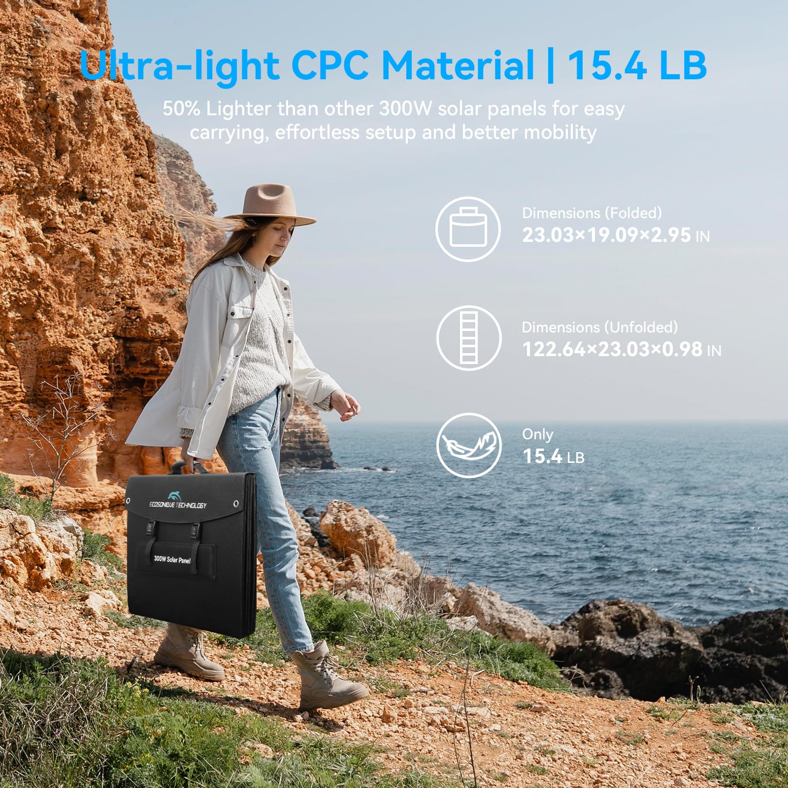 Ecosonique - Panel solar plegable portátil de 300 W 40 V MC4 para centrales eléctricas | Maleta solar ligera con soportes, salida múltiple para generadores solares, caravanas, camping y uso al aire libre