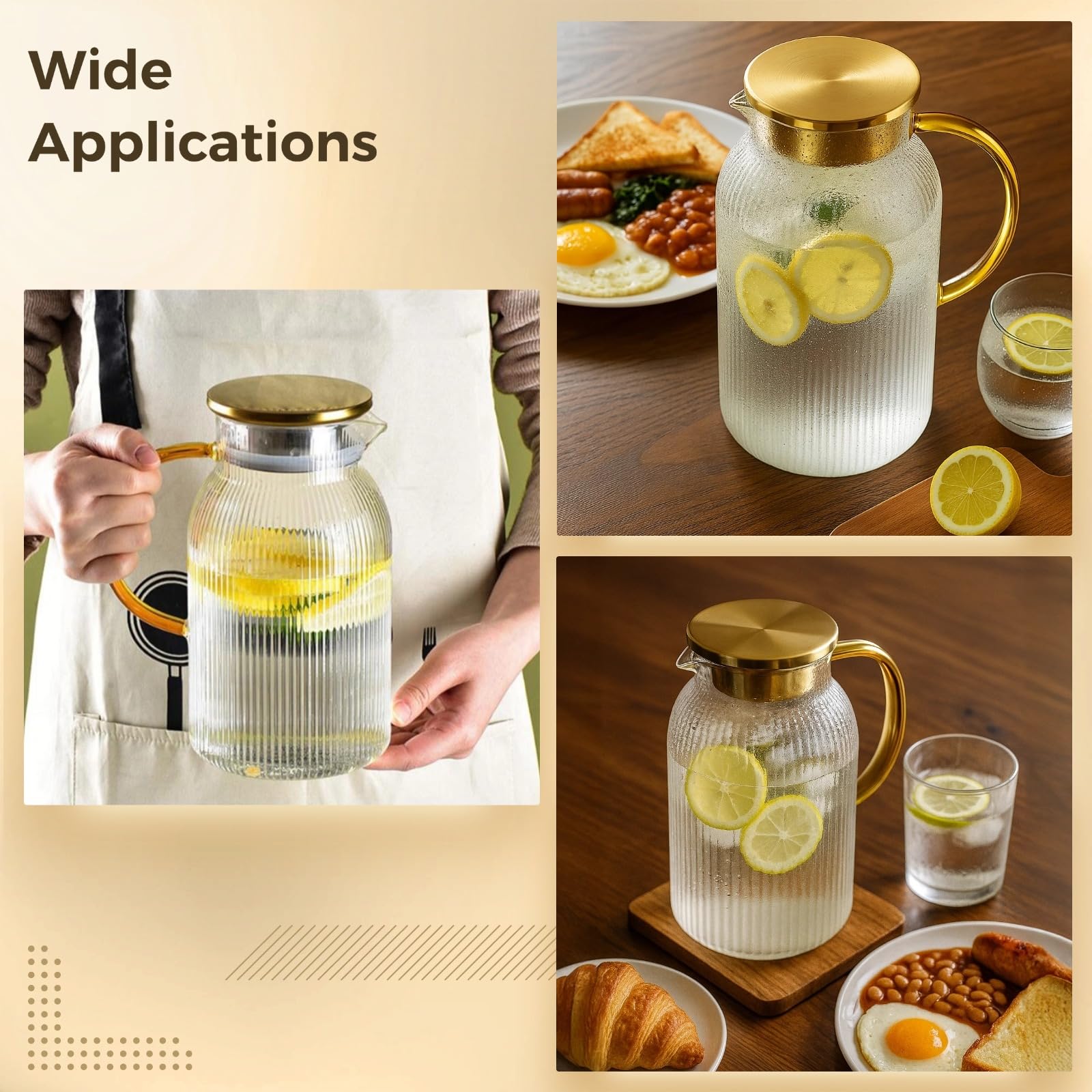 Generisch 2 Stk. Glaskrug mit Deckel, 64 oz hitzebeständige Borosilikat-Karaffe, vertikal gestreifter Wasserkrug für Eistee, Saft, Limonade, Kaffee, Milch, Cold Brew, Getränkekanne für Kühlschrank