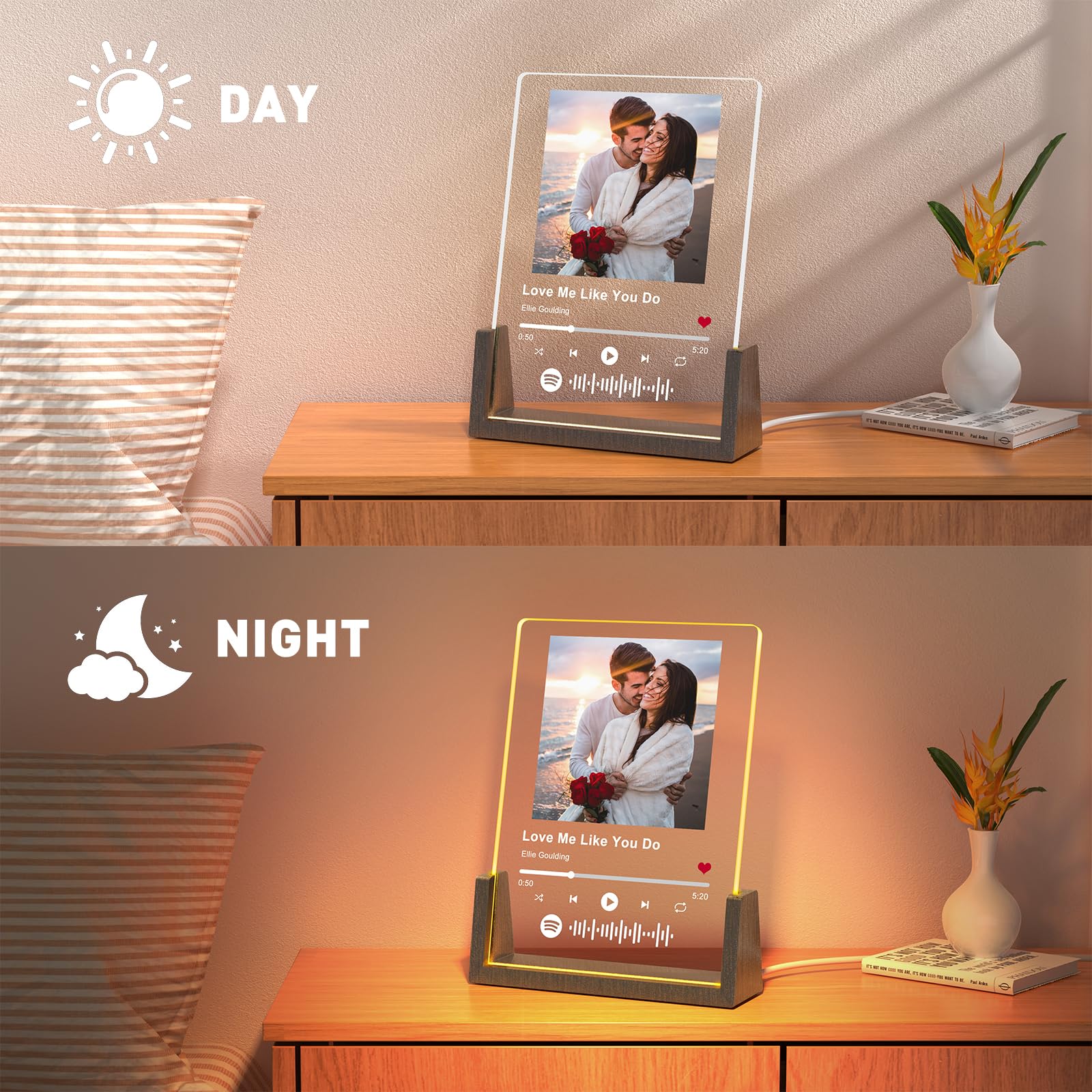 Custom Spotify Plaque Gift Unique Personalized Anniversary Day Gifts for Men Women Customized LED Walnut Frame with Photos for Couple Boyfriend Girlfriend Customized Birthday Gifts for Her Him Friends