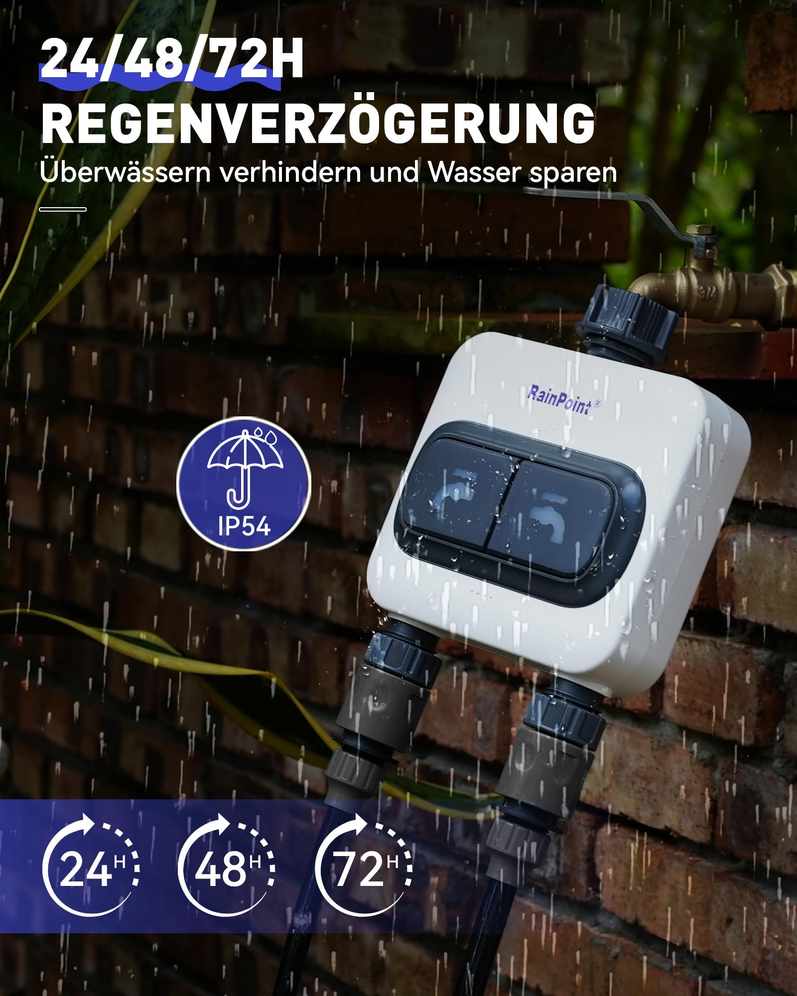 RAINPOINT Komputer nawadniający WLAN, 2 wyjścia 2,4 GHz z koncentratorem Wi-Fi, inteligentny zegar nawadniający z aplikacją/sterowaniem głosem, do automatycznego nawadniania ogrodów i trawników