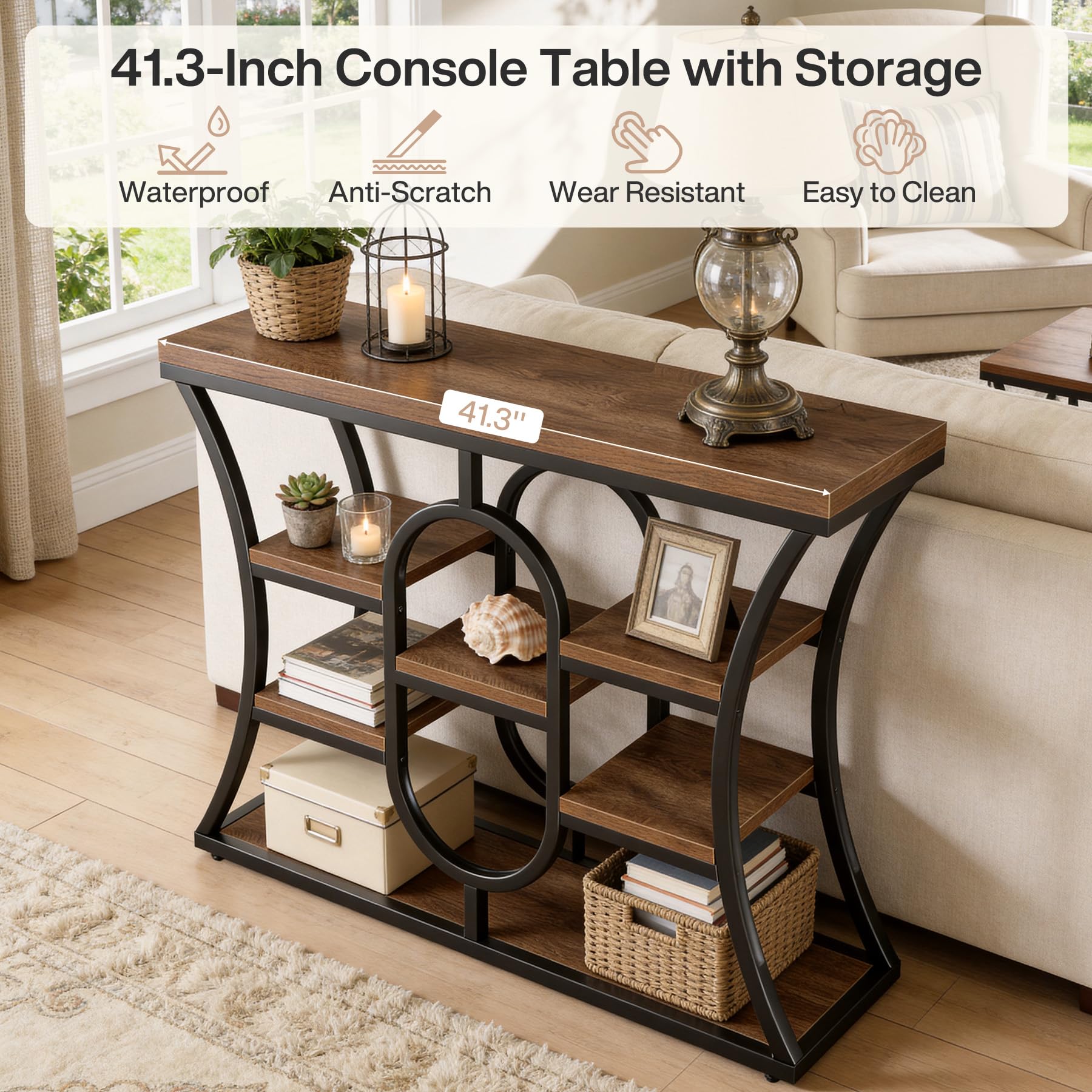 Tribesigns Tavolo Console Industriale 105 cm, 5 Ripiani Sfalsati, Tavolo da Divano con Struttura in Metallo e Scaffali Portaoggetti, Mobile Stretto per Ingresso, Corridoio, Soggiorno, Marrone Rustico