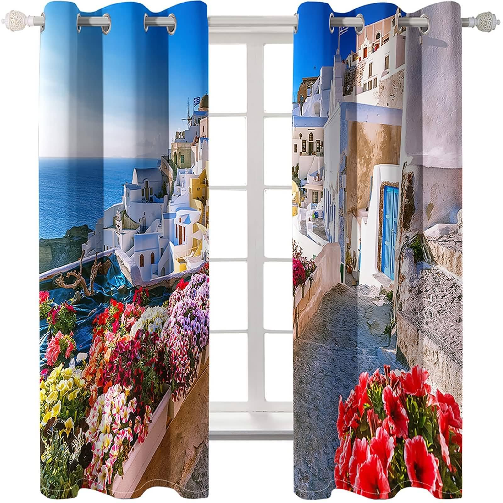 Gardinen Modern Wohnzimmer, 137x244cm Bunt Blumen am Meer Kälteschutz Verdunklungsvorhänge Ösen Thermal Curtains Blackout Vorhang