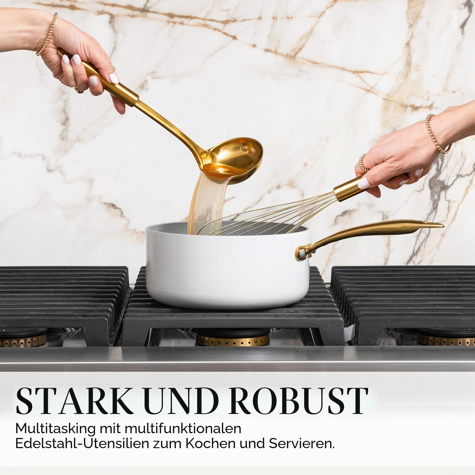 Schwarz-Goldenes Küchenutensilien-Set – 7-teiliges Silikon-Kochset mit goldenem Utensilienhalter – Für Antihaft-Kochgeschirr & moderne Küchen