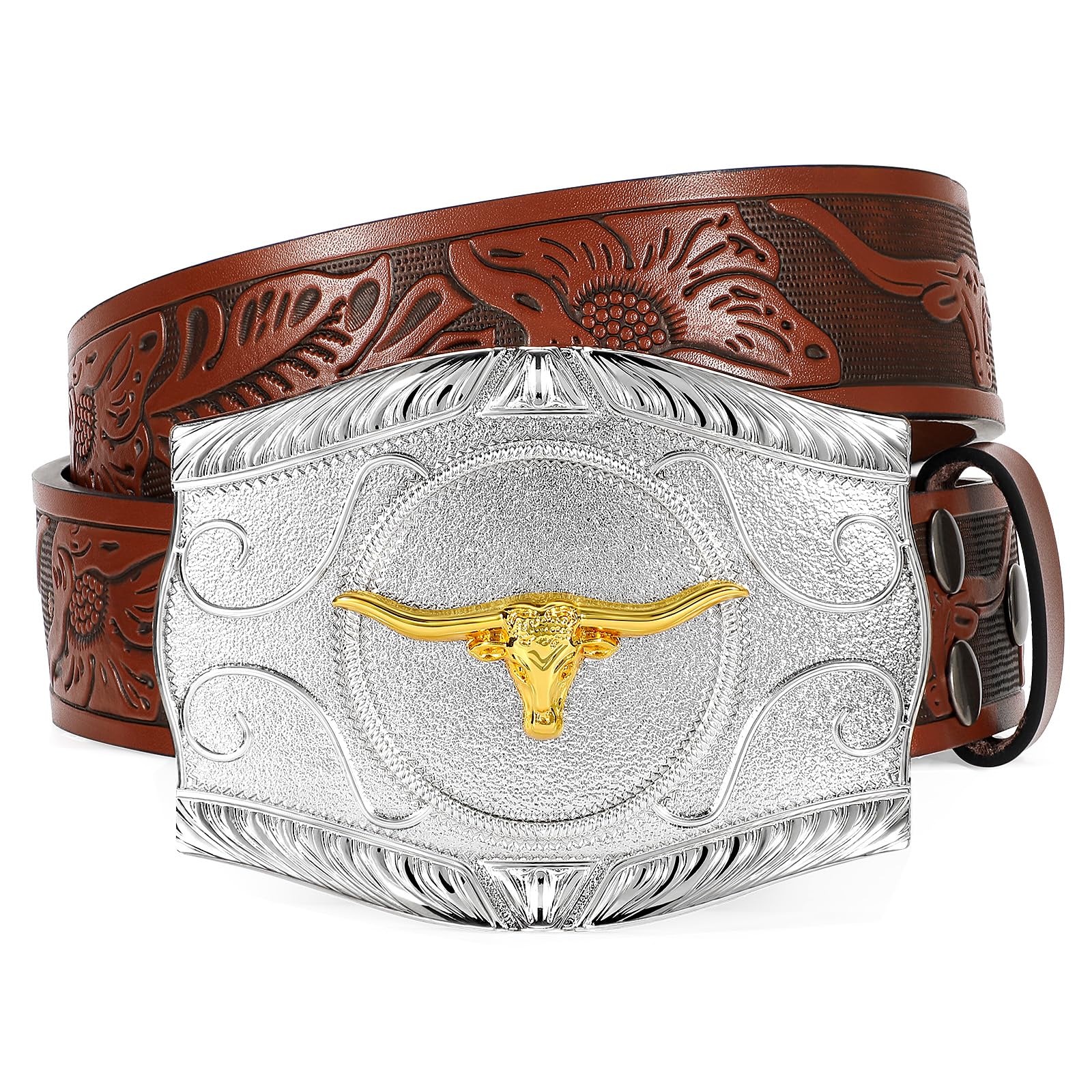 UpFind Western Belt with Removable Silver Buckle - Cowboy Longhorn Embossed Leather Belt for Men Jeans 1.5’’ wide