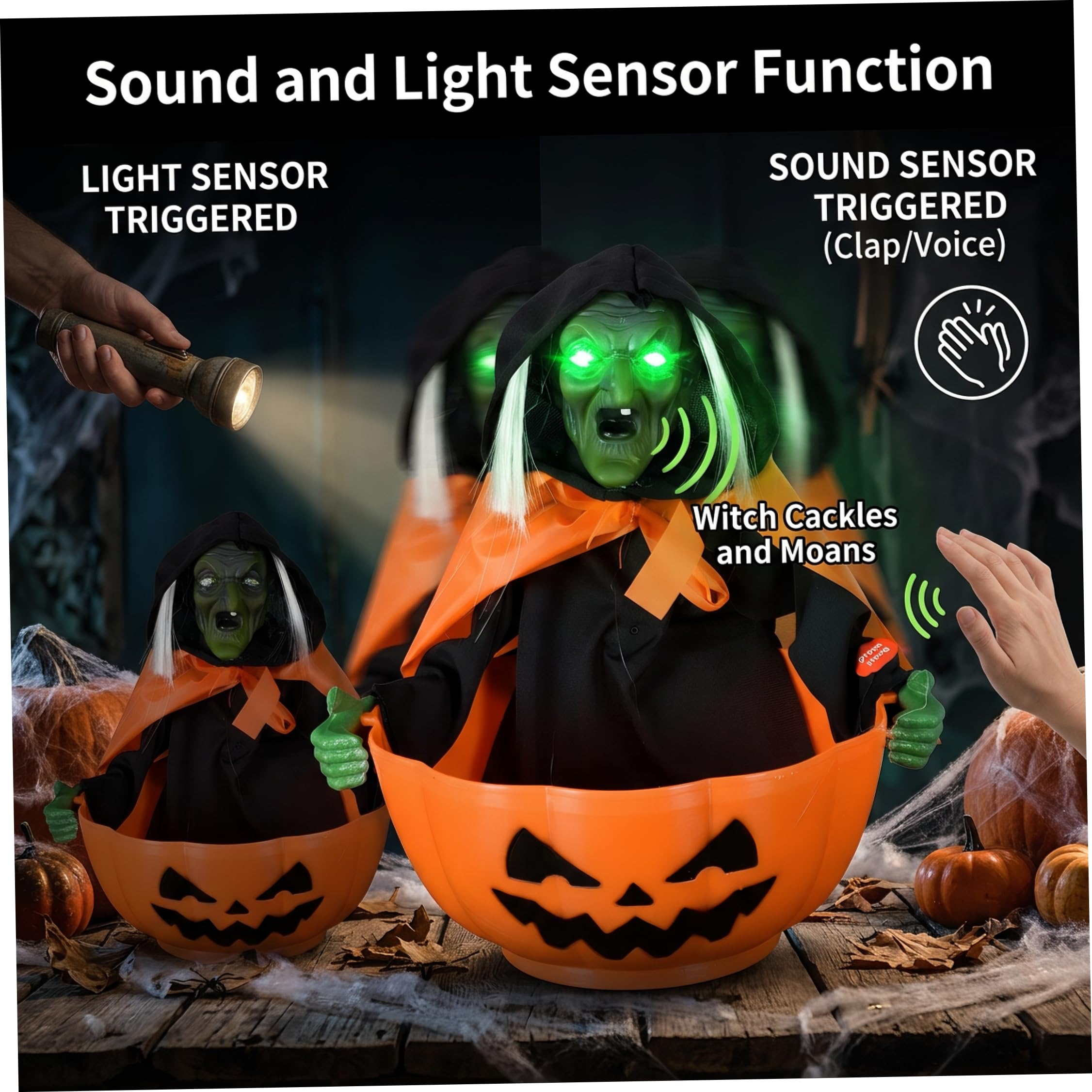 Tazón de dulces de Halloween, animatrónico activado por movimiento, naranja, decoraciones de Halloween activadas por movimiento