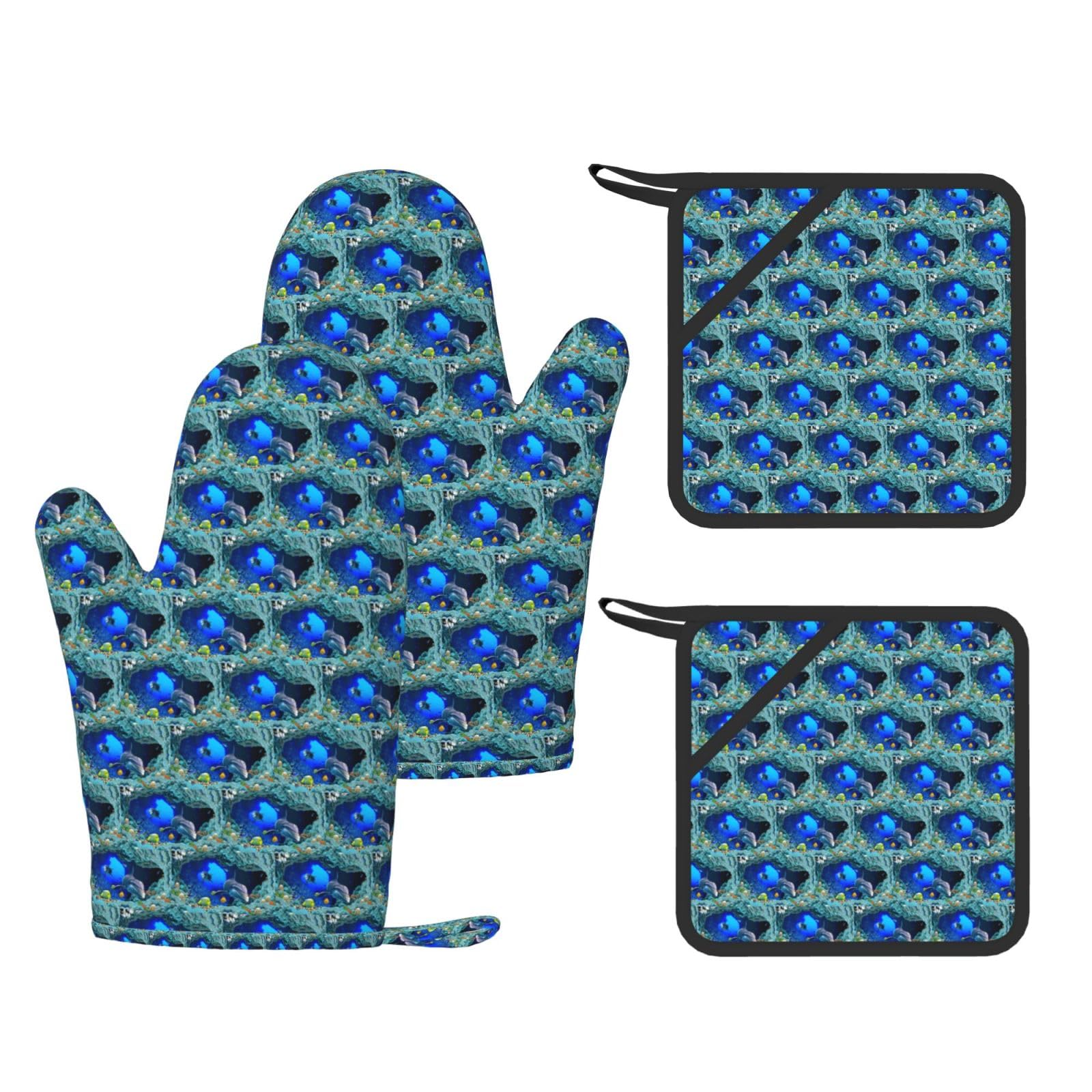 Dolphin and Coral Printed Potholder and Oven Mitt Set of 4, High Heat Resistant Cooking Gloves for BBQ Grilling