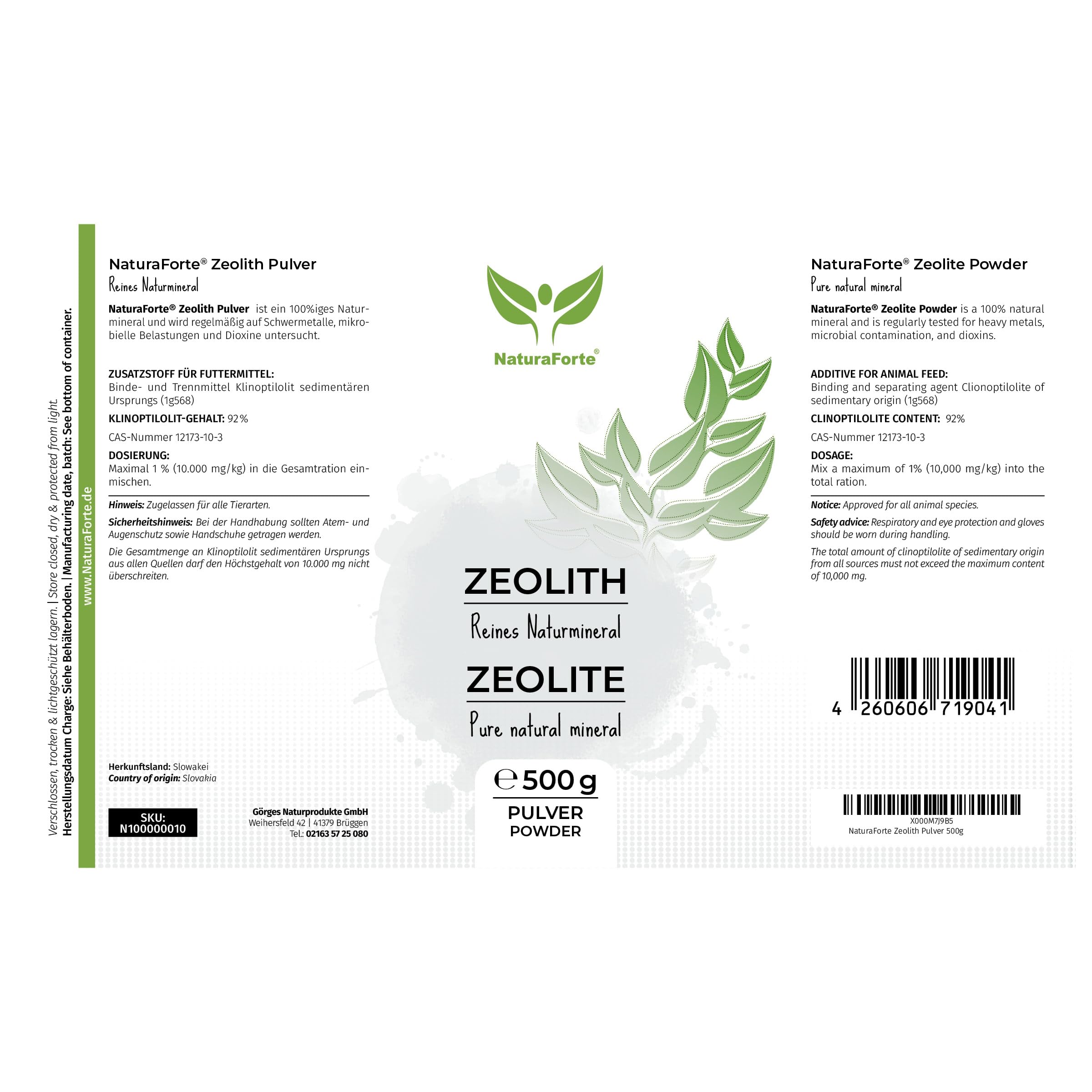 NaturaForte Zeolite in Polvere 500g - Clinoptilolite 92%, Terreno Extra fine in qualità Premium, Senza additivi, Roccia vulcanica Pura e Naturale, Testata e controllata in Germania