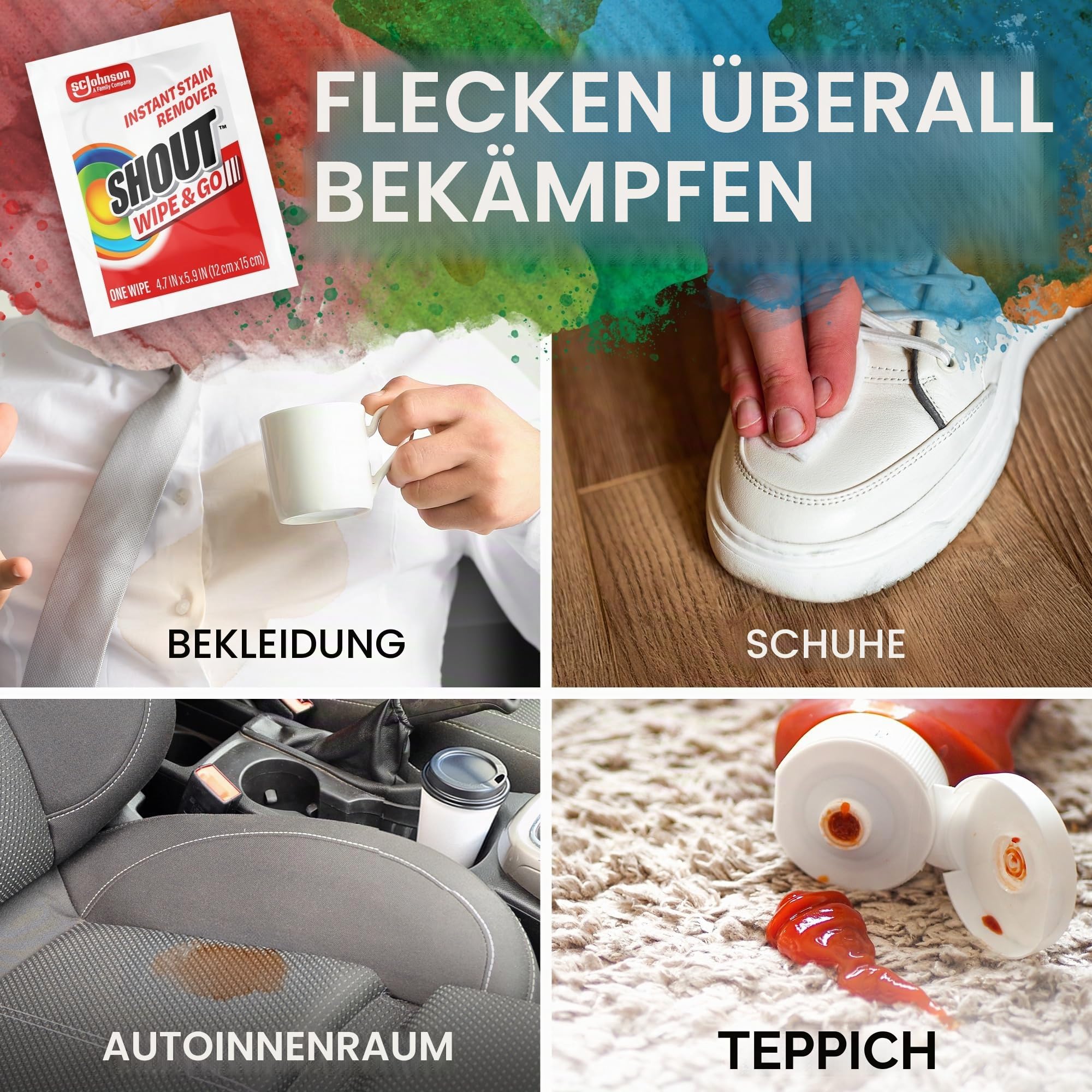 Shout Wipes – tragbare Fleckenreinigungstücher, 6er-Pack, 72 Tücher
